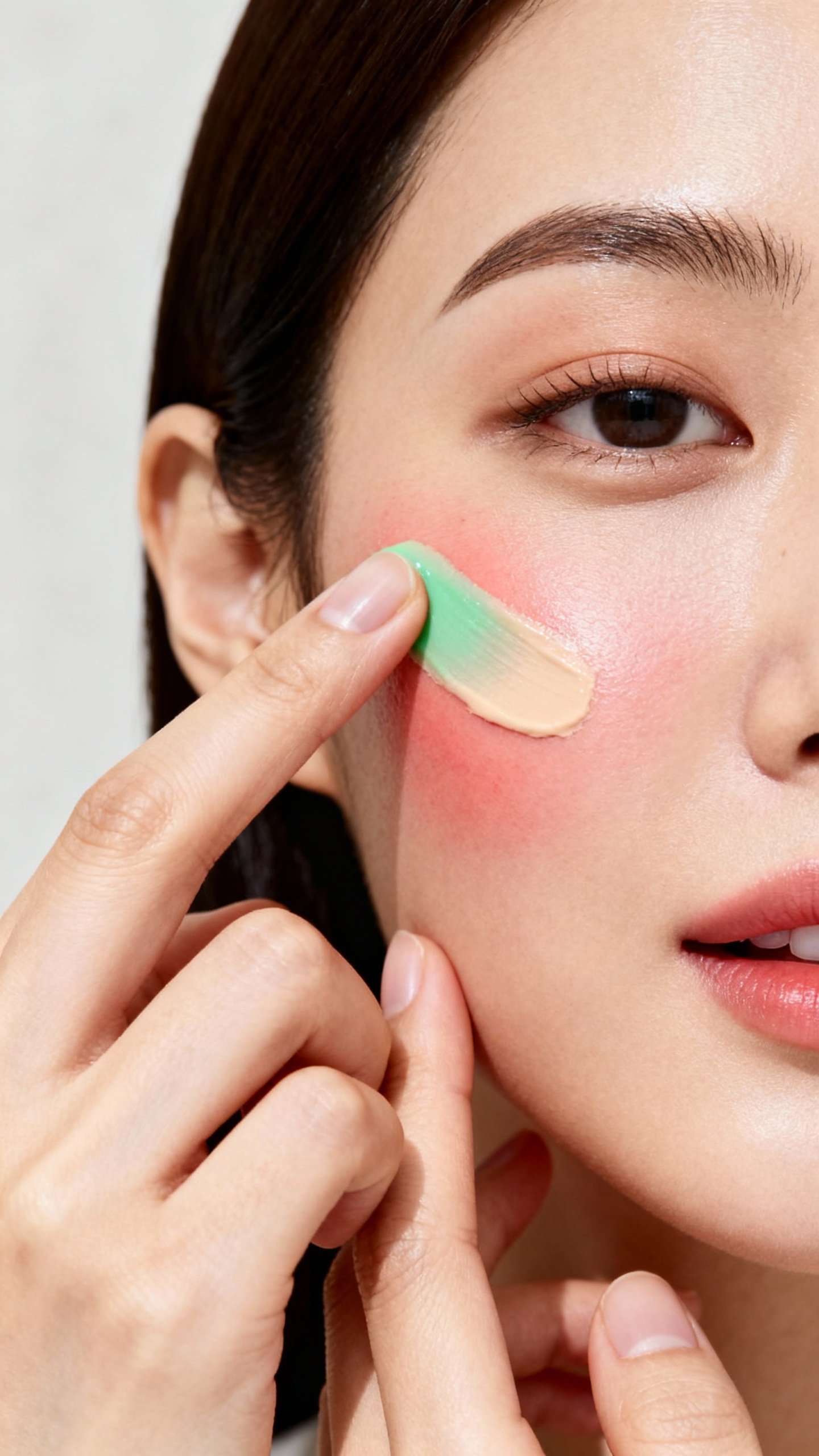 Female hands applying Dr. Jart Cicapair green-to-beige cream, redness-prone cheek