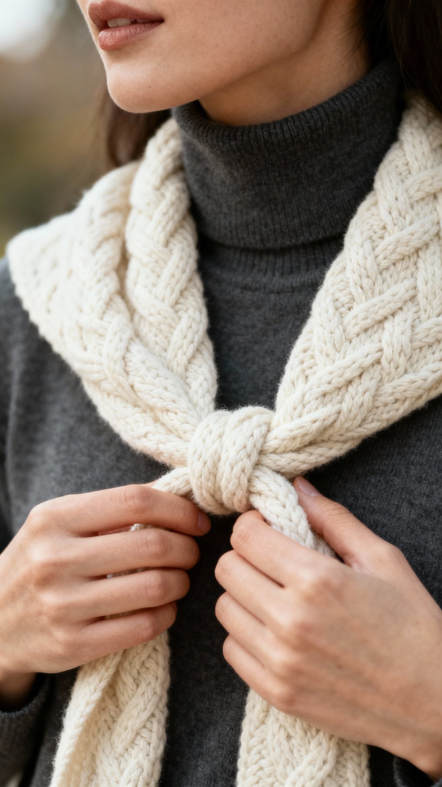 Female hands knotting cream cable-knit scarf over charcoal turtleneck