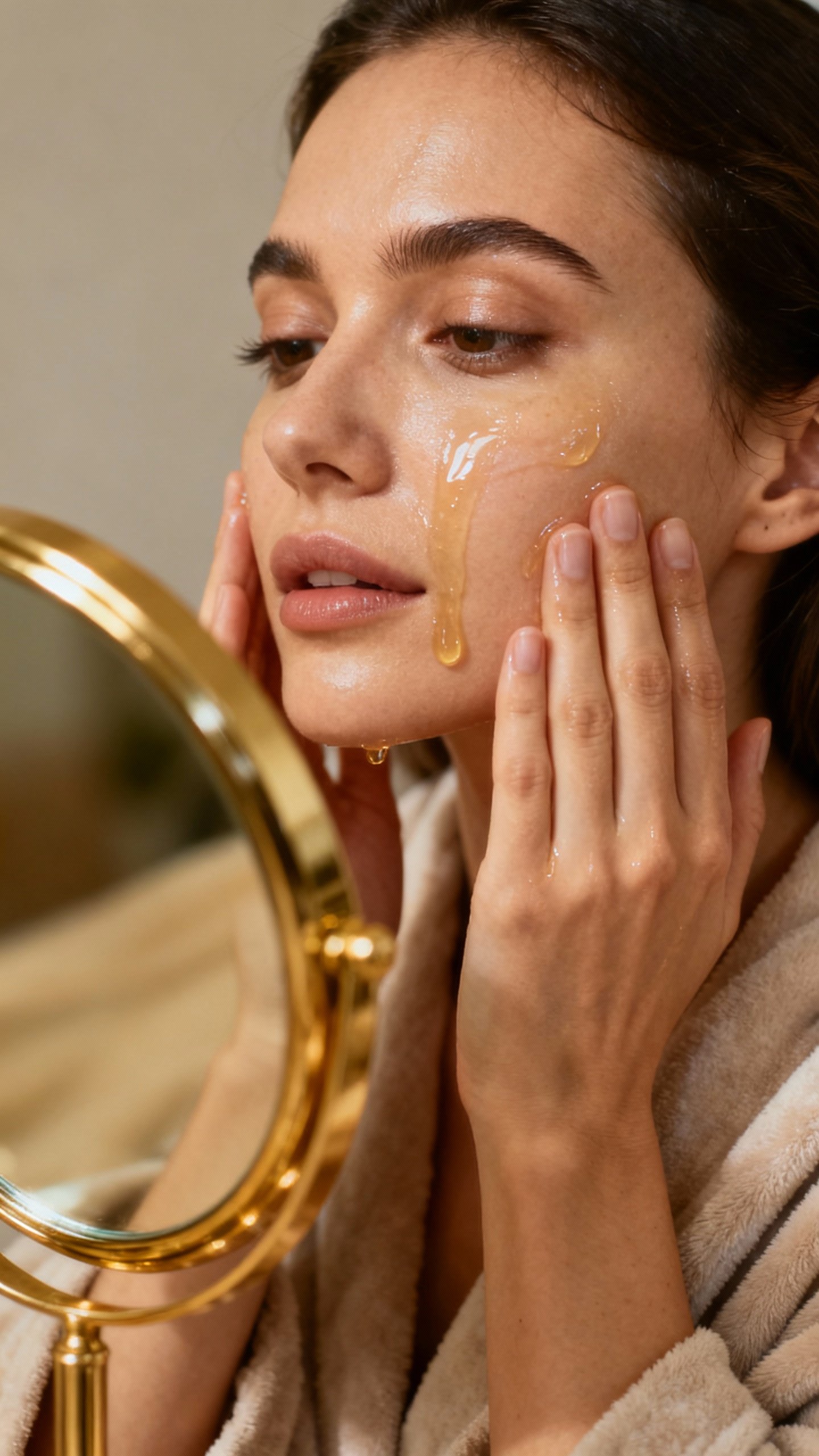 Female hands massaging face with oil, dewy skin, gold mirror, soft robe