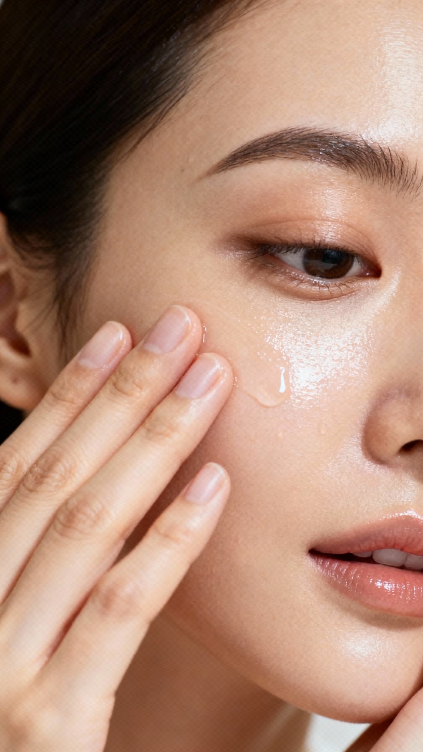 Female hands pressing hydrating toner into dewy cheek