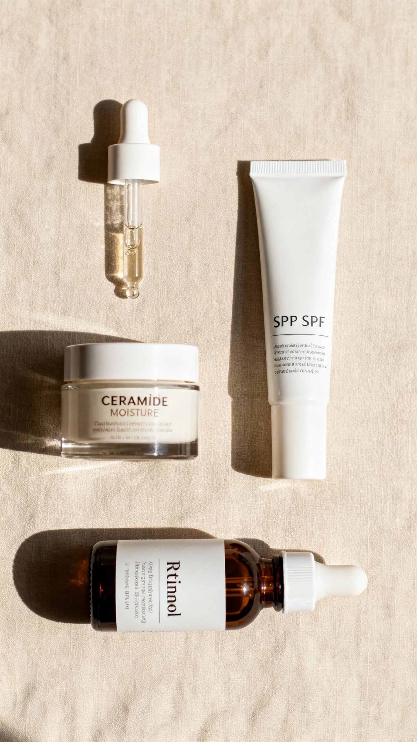 Flat lay skincare: hydrating serum dropper, ceramide moisturizer, SPF tube, retinol bottle set aside