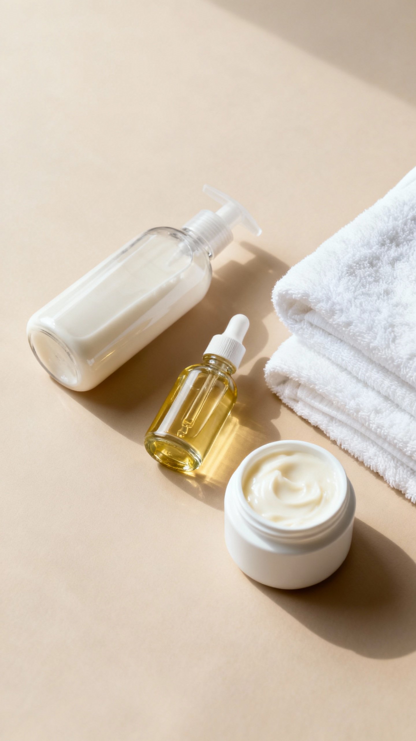 Flat lay: unscented lotion, body oil, vanilla cream, white towels