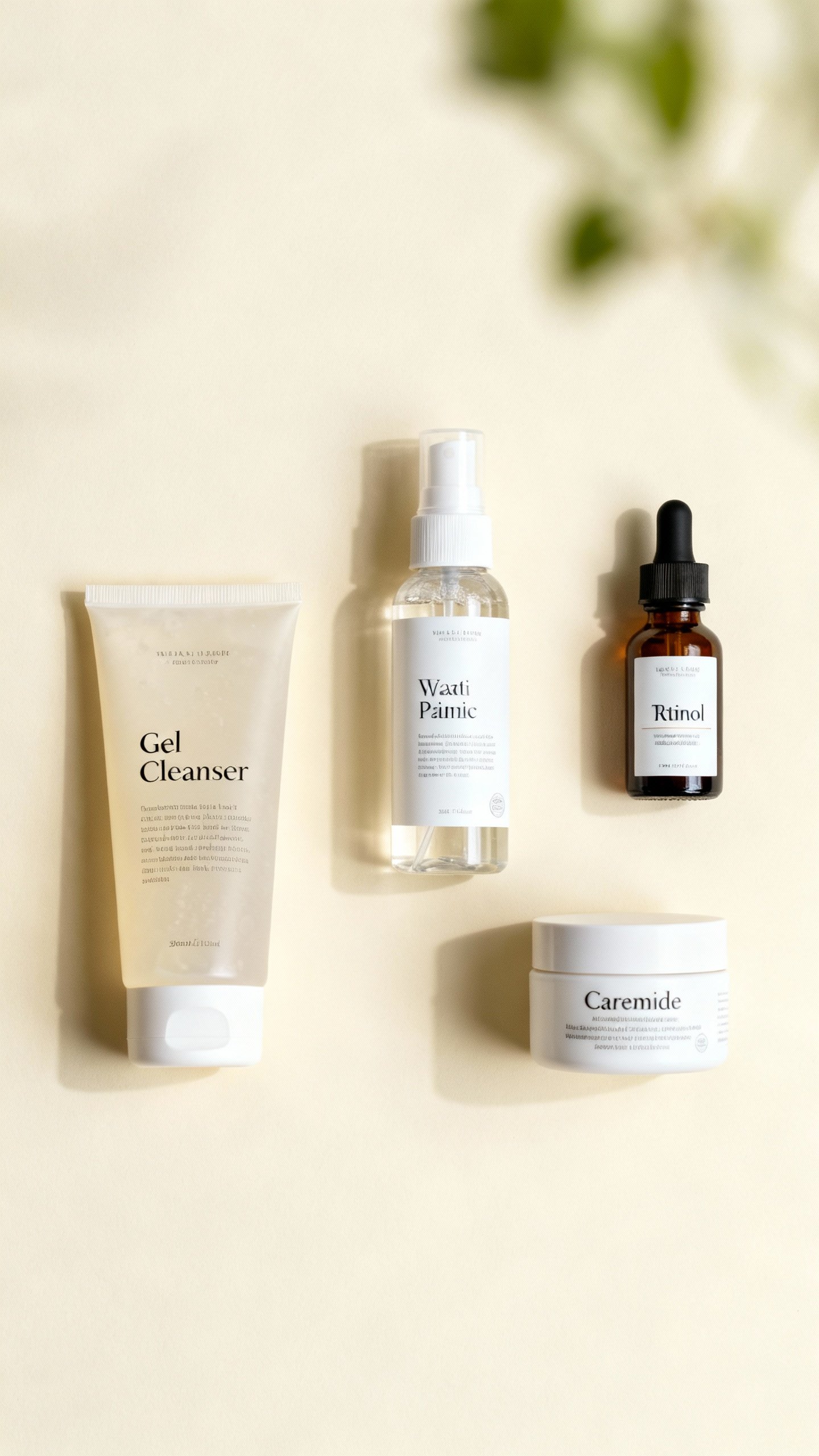 Flatlay: gentle gel cleanser, hydrating mist, retinol serum, ceramide cream