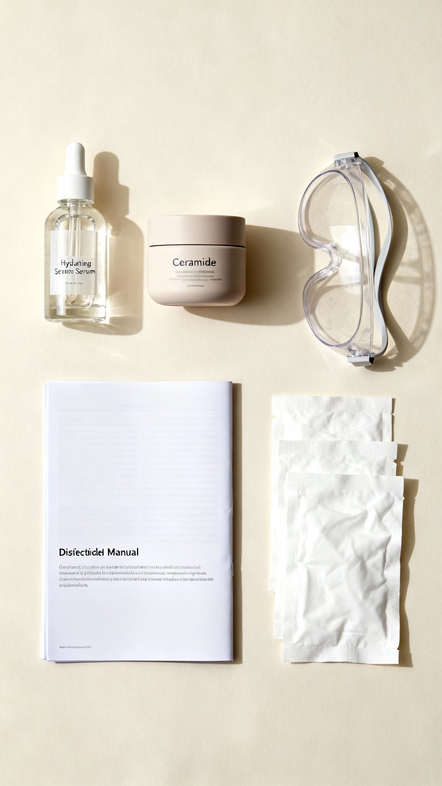 Flatlay: hydrating serum, ceramide moisturizer, goggles, folded manual, disinfecting wipes