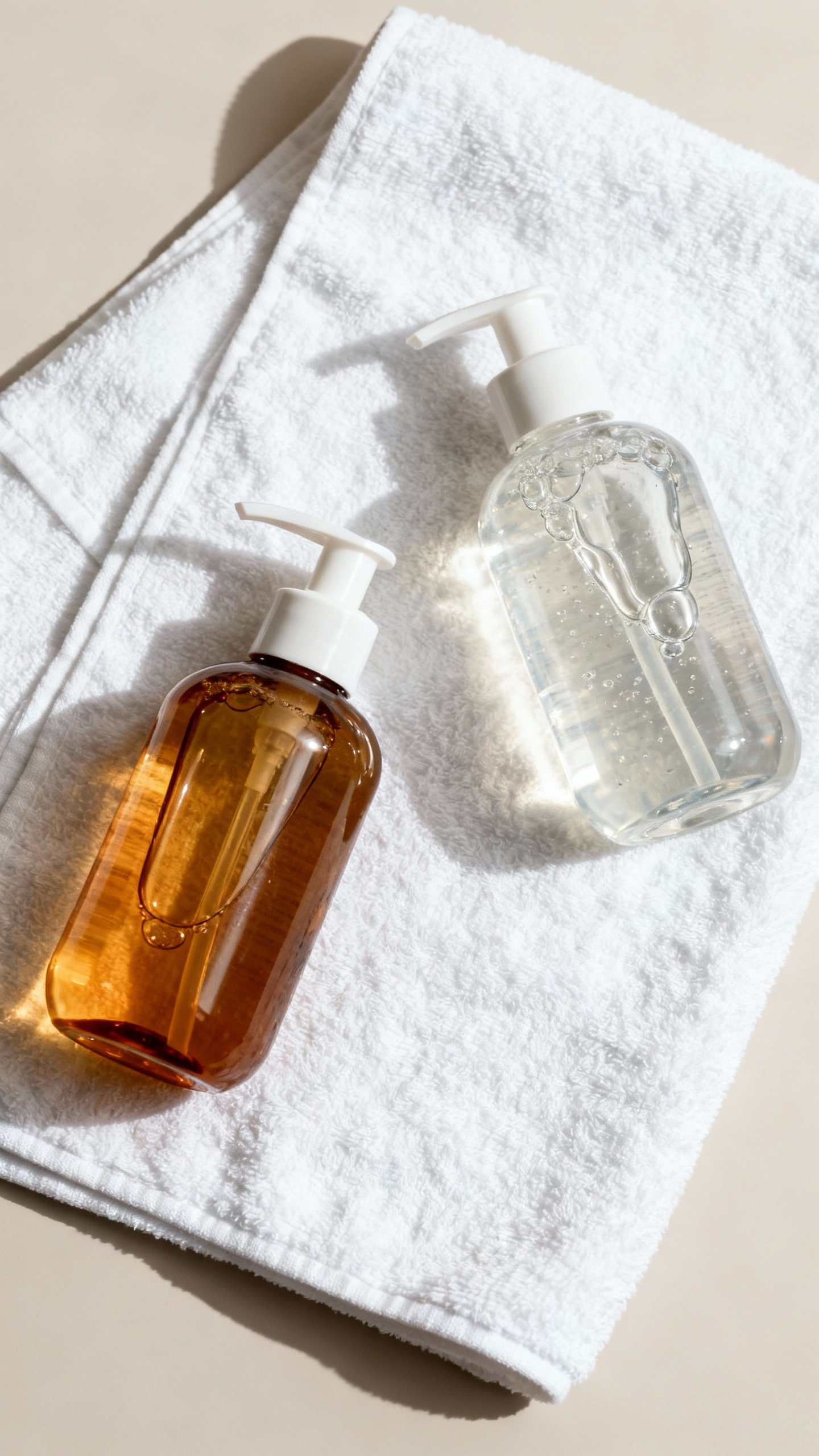 Flatlay of oil cleanser and gel cleanser on white towel