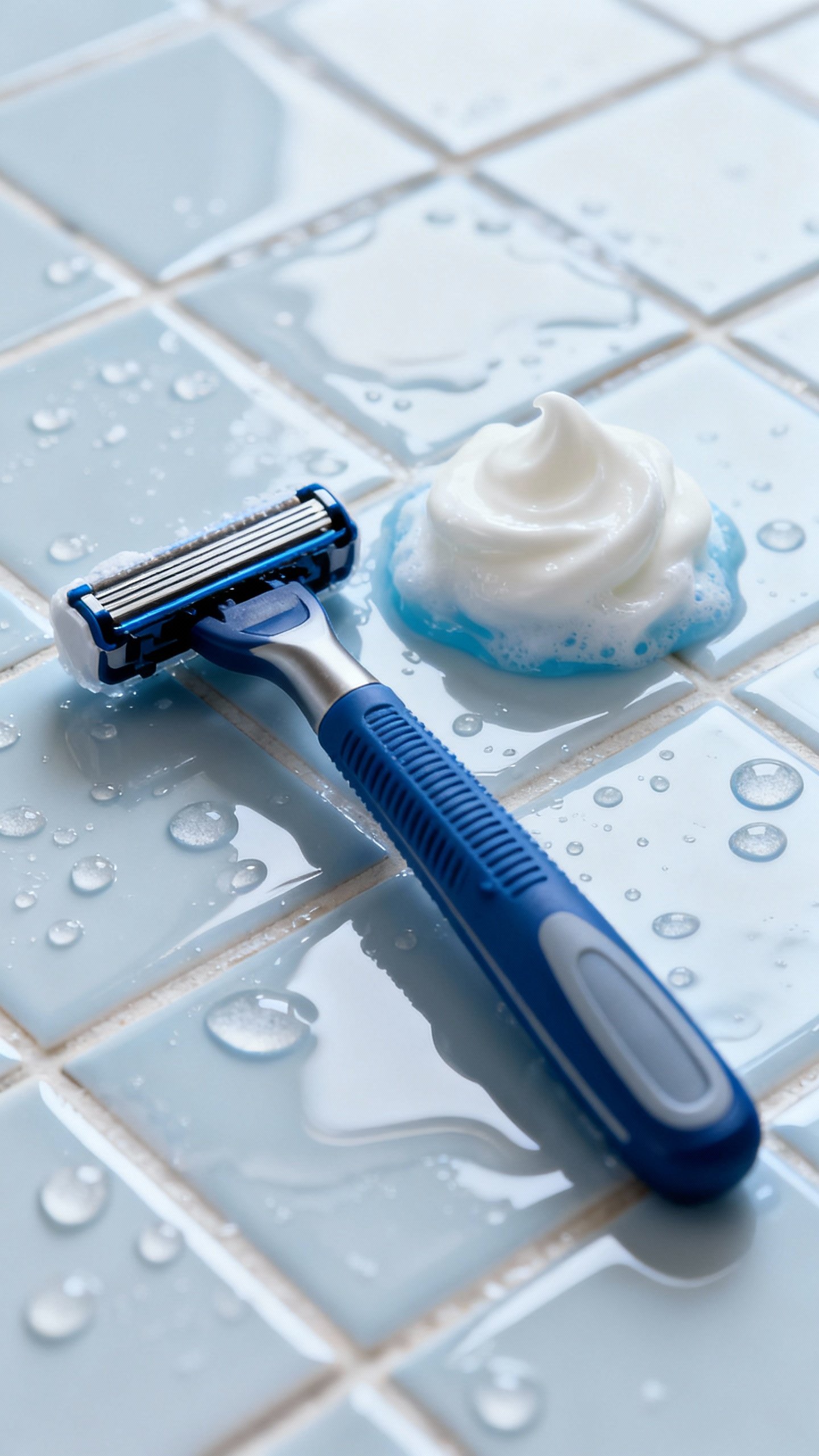 Fresh razor and creamy shave gel on wet tile, cool water droplets