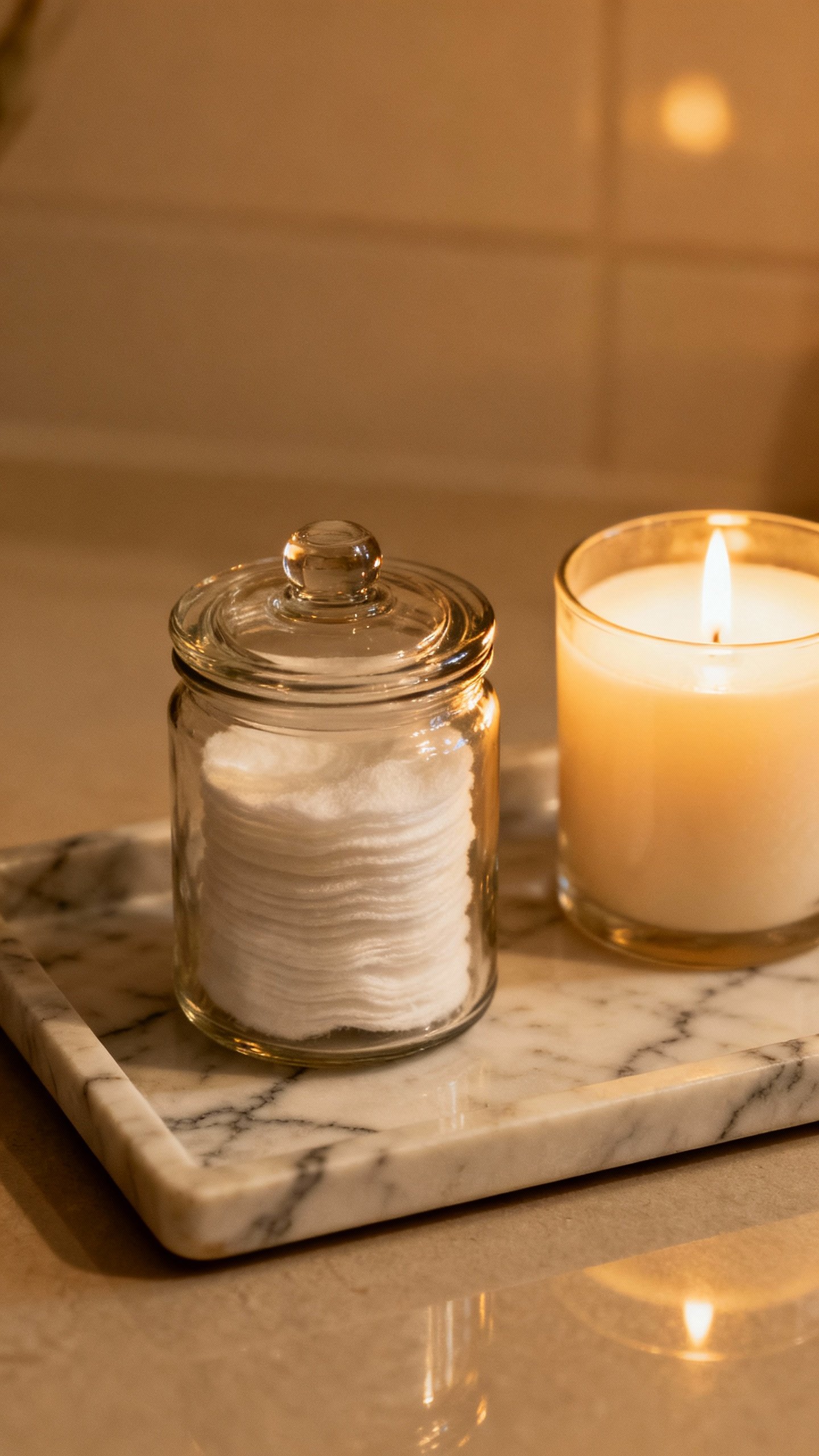 Glass jars with cotton pads on marble tray, lit candle