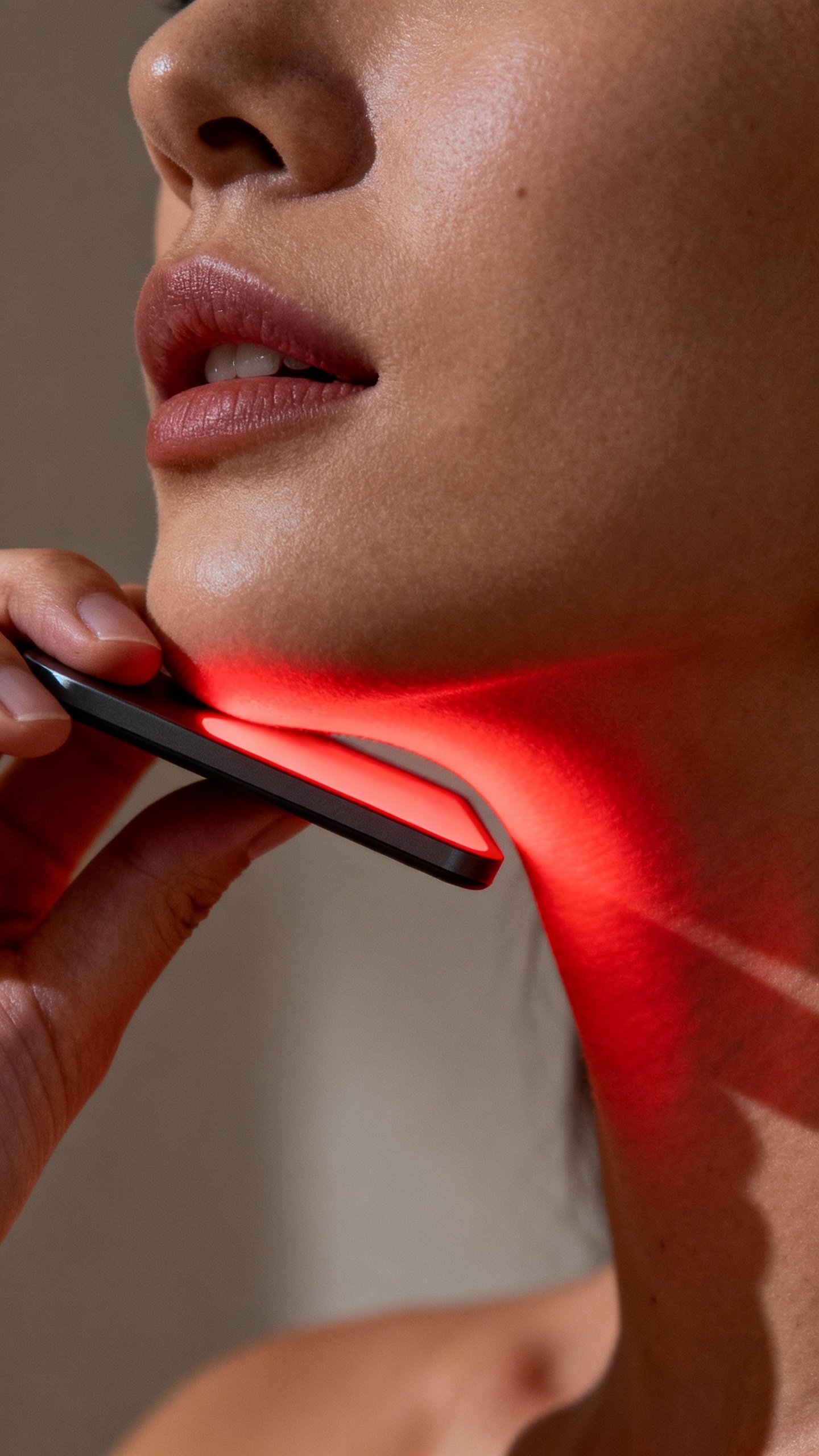 Hand holding near‑infrared LED panel over jawline, soft red spill