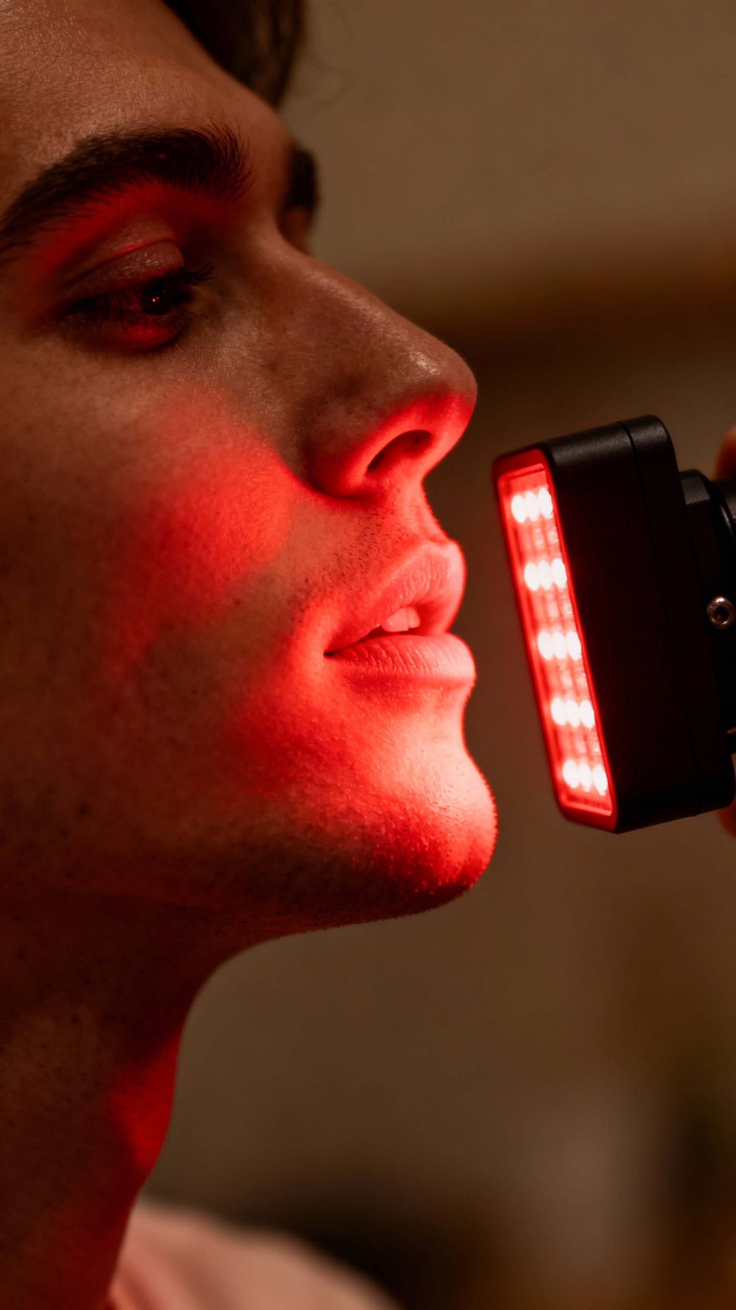 Handheld red light panel 4–12 inches from jawline, warm red illumination