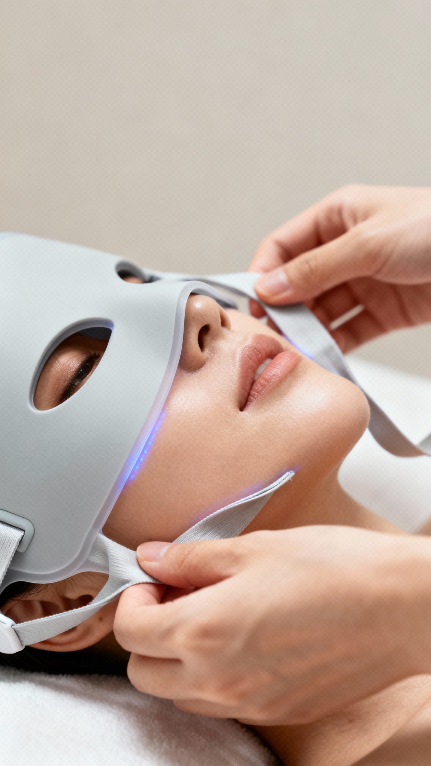 Hands adjusting LED mask straps for even cheek contact, soft silicone texture