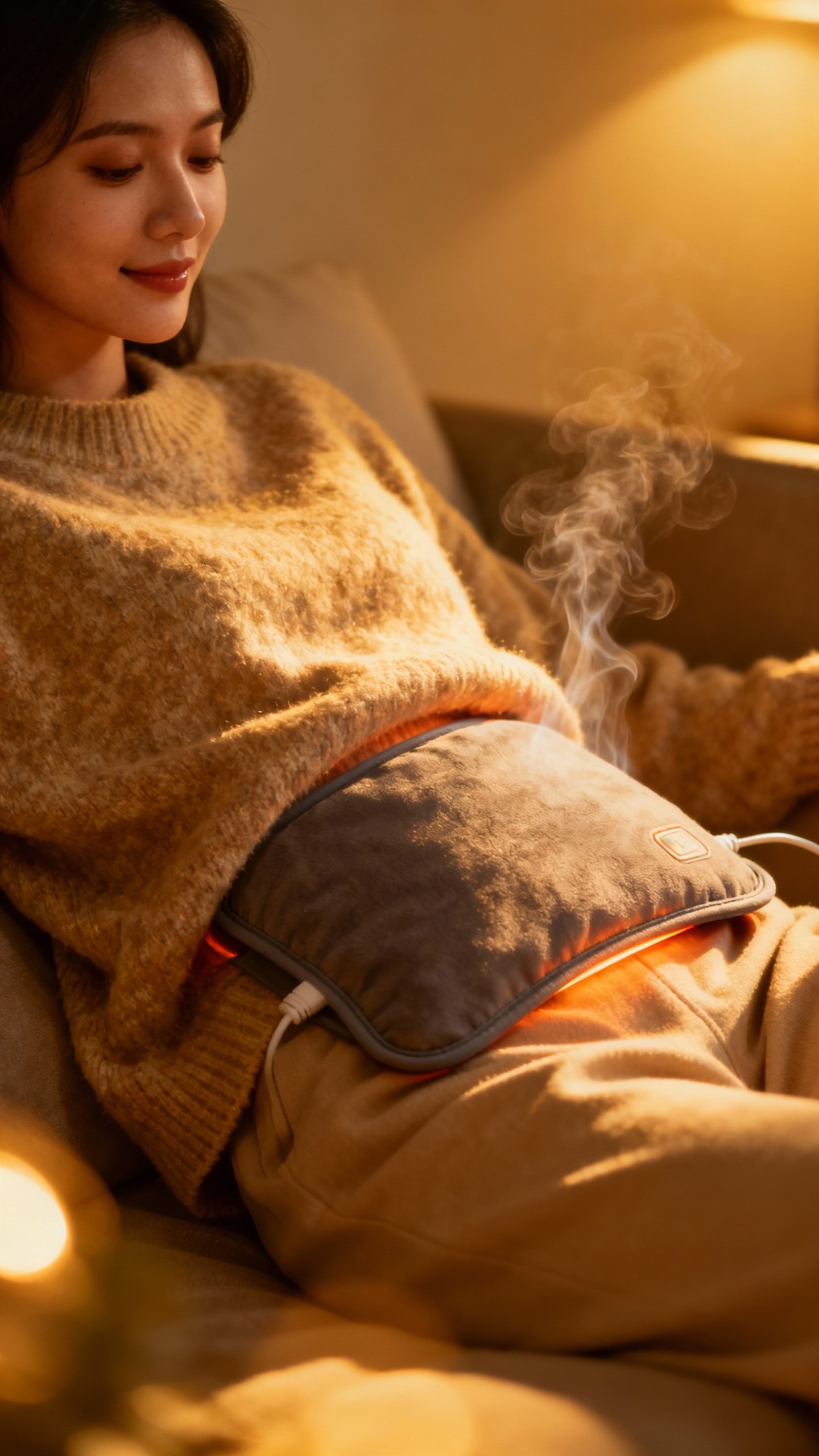 Heating pad on lower abdomen under cozy sweater, woman lounging, warm glow, subtle steam closeup