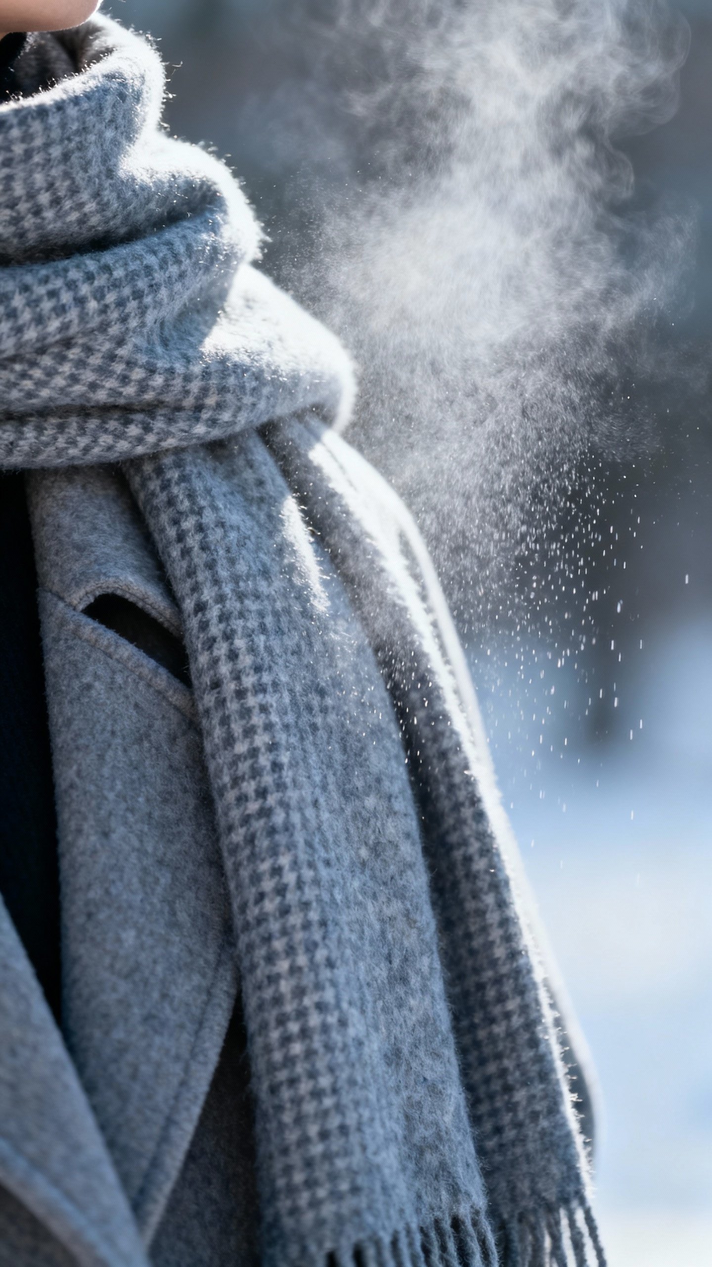 Light mist sprayed over wool scarf on coat collar, 10 inches away