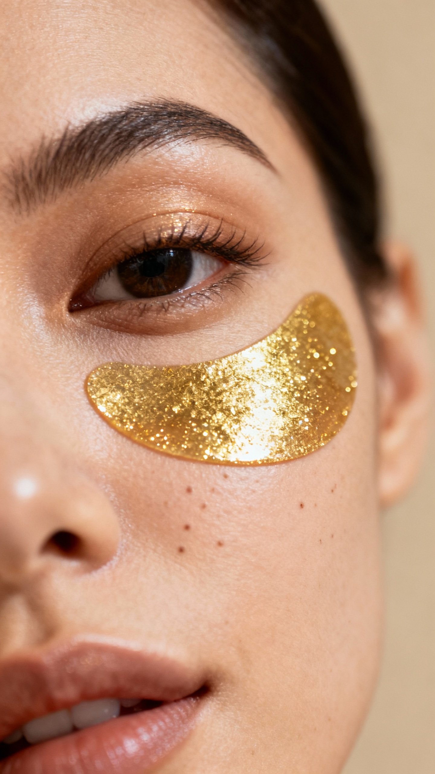 Macro shot of 24k gold eye gel patches on female cheekbone, reflective shimmer, pore-level detail, n