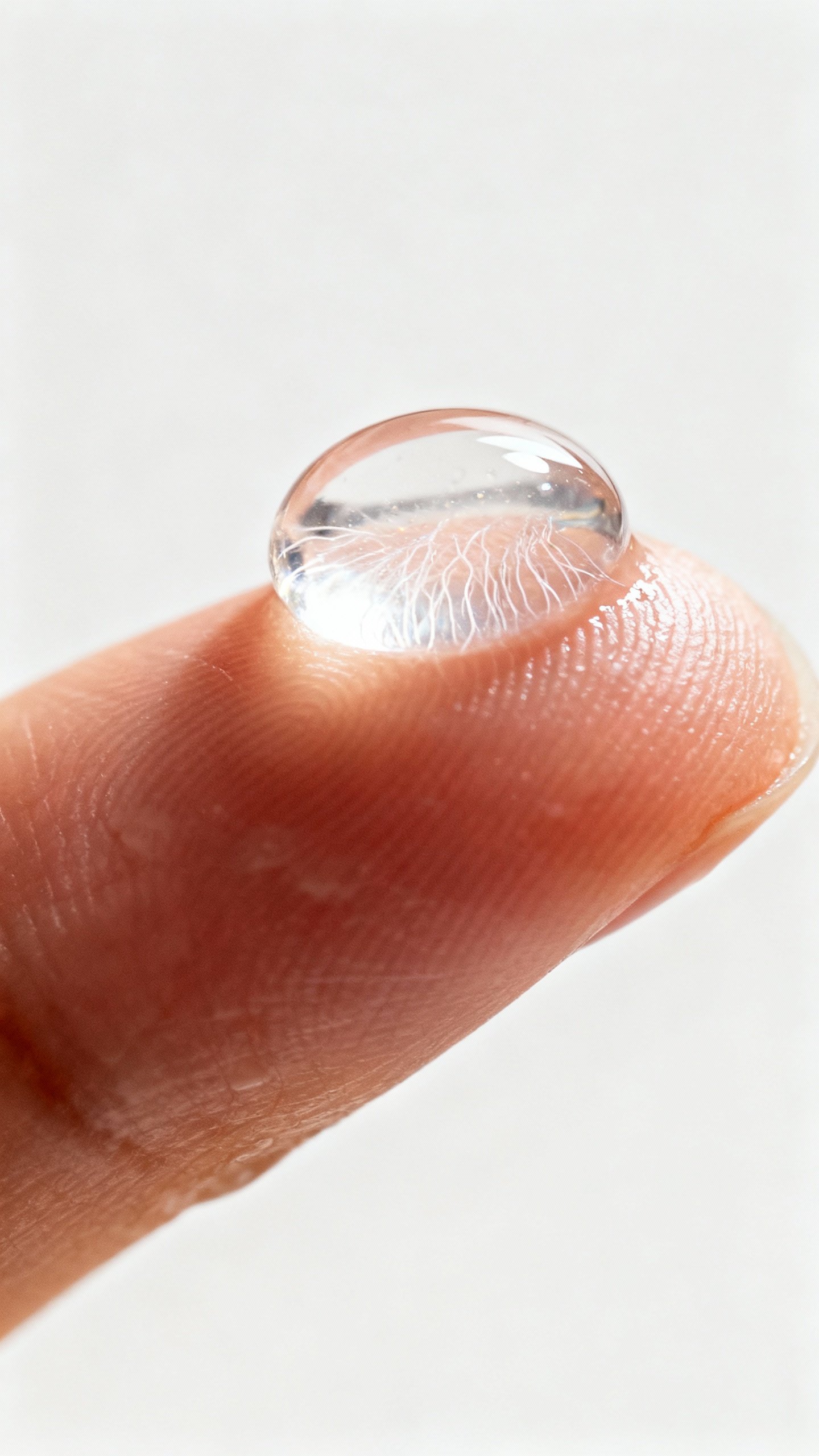 Macro shot of clear gel serum bead on fingertip, snail mucin stringy sheen
