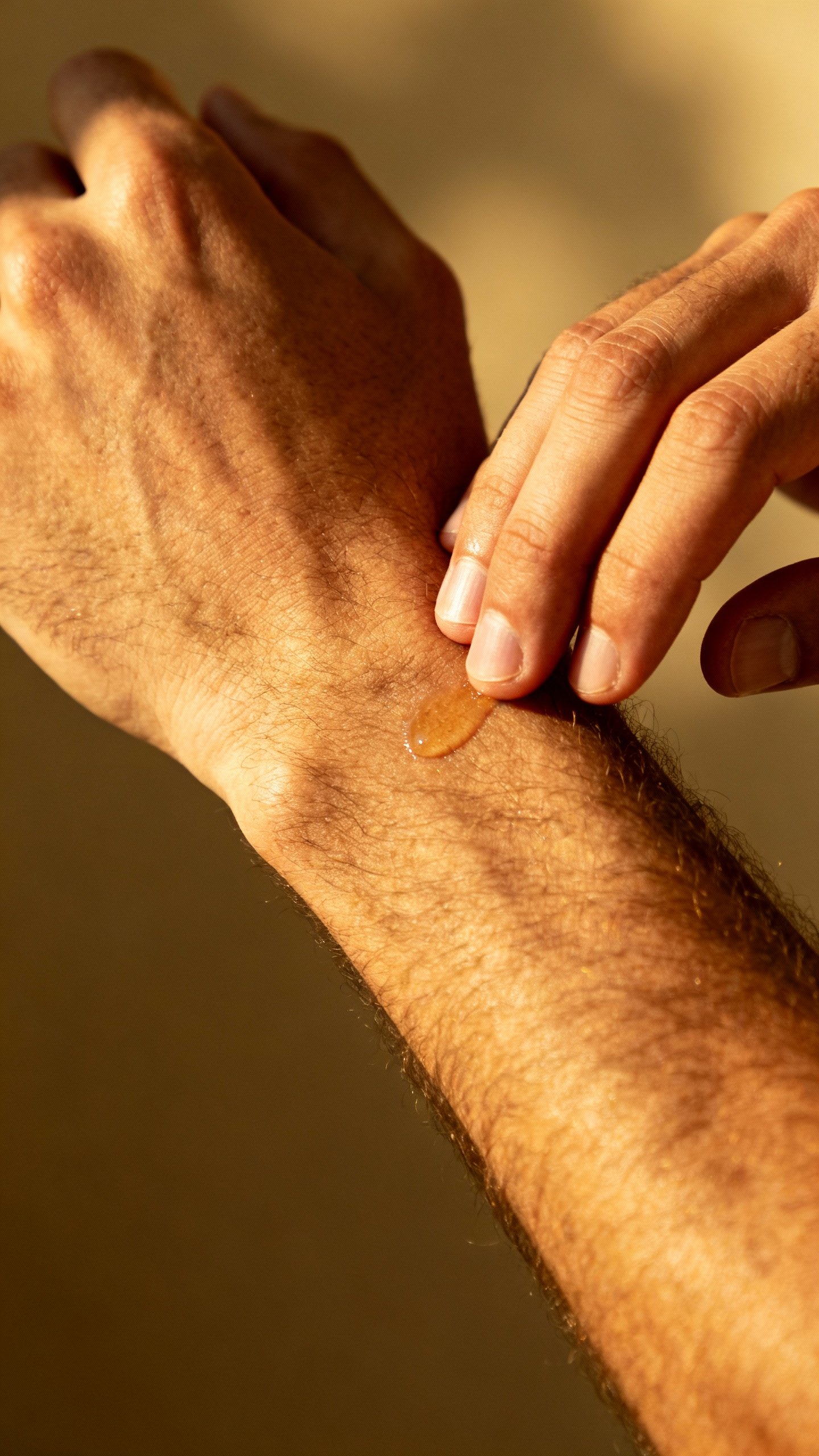 Male hand testing sandalwood vetiver on inner elbow