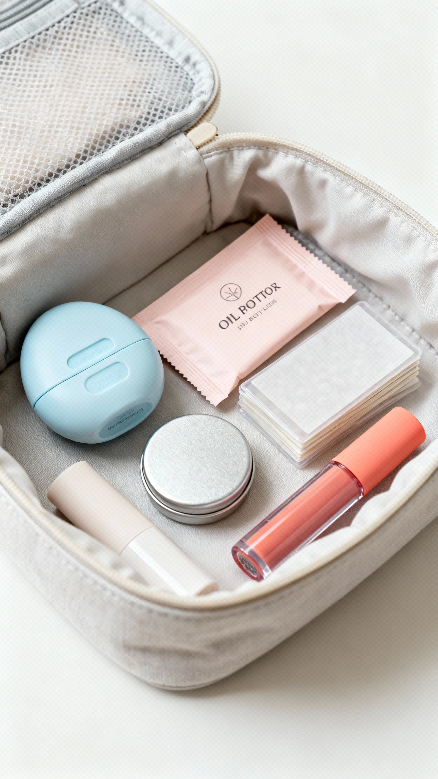 Open purse kit: mini deodorant, body wipes, oil-blot sheets, mints, lipstick