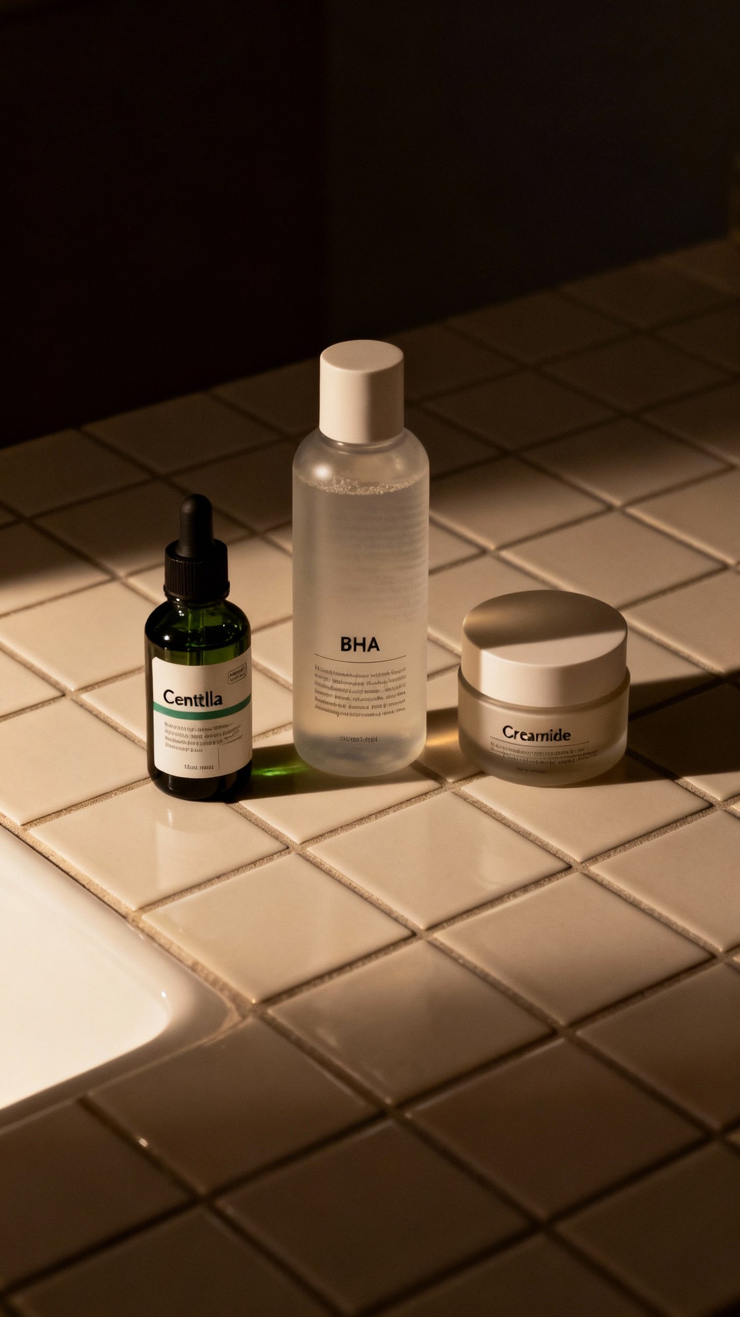 Overhead of night routine: centella ampoule, BHA toner, ceramide cream jar on tiled vanity