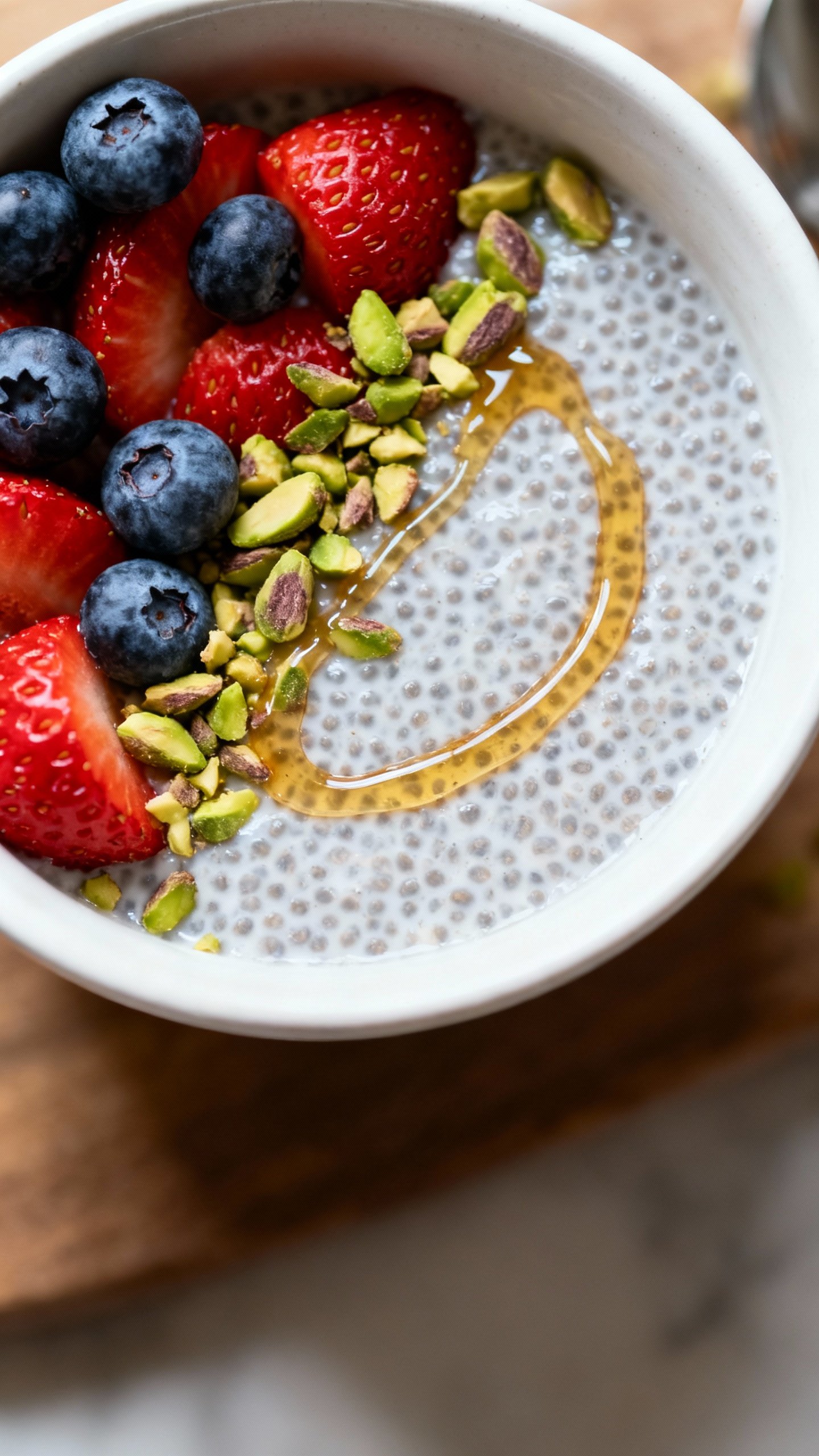 Overhead of silky chia pudding: berries, pistachios, honey drizzle on ceramic