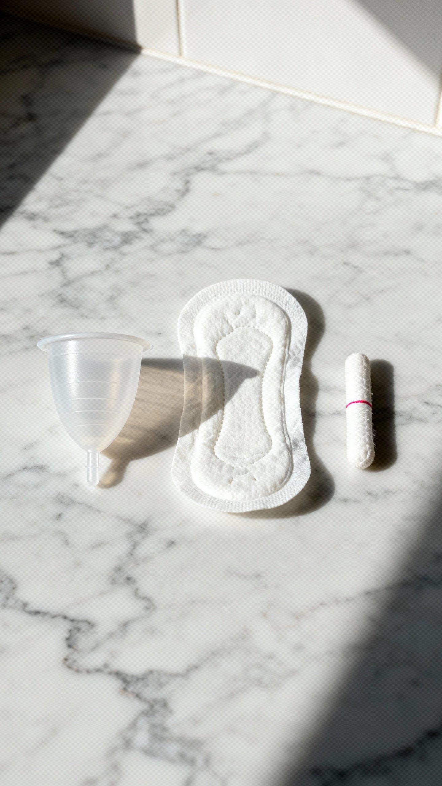Period cup, unscented pad, and tampon on marble countertop, soft morning light, neat arrangement