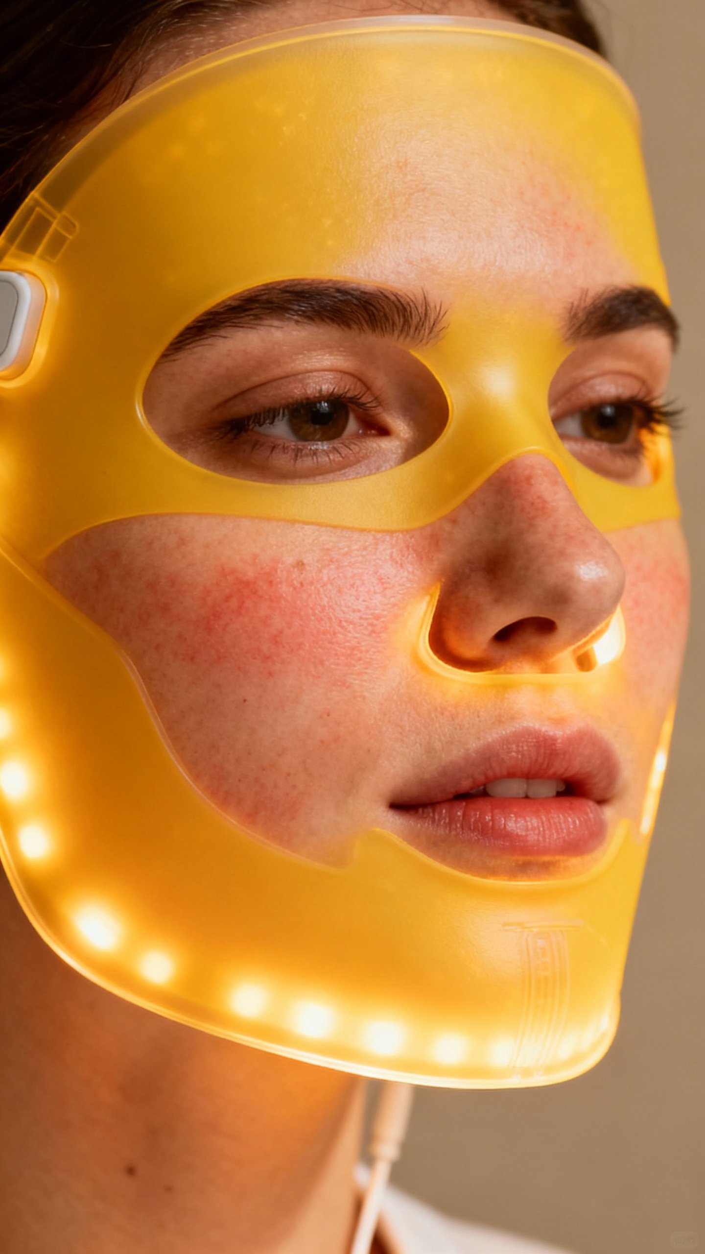 Yellow LED mask session on rosacea‑prone skin, calm warm glow