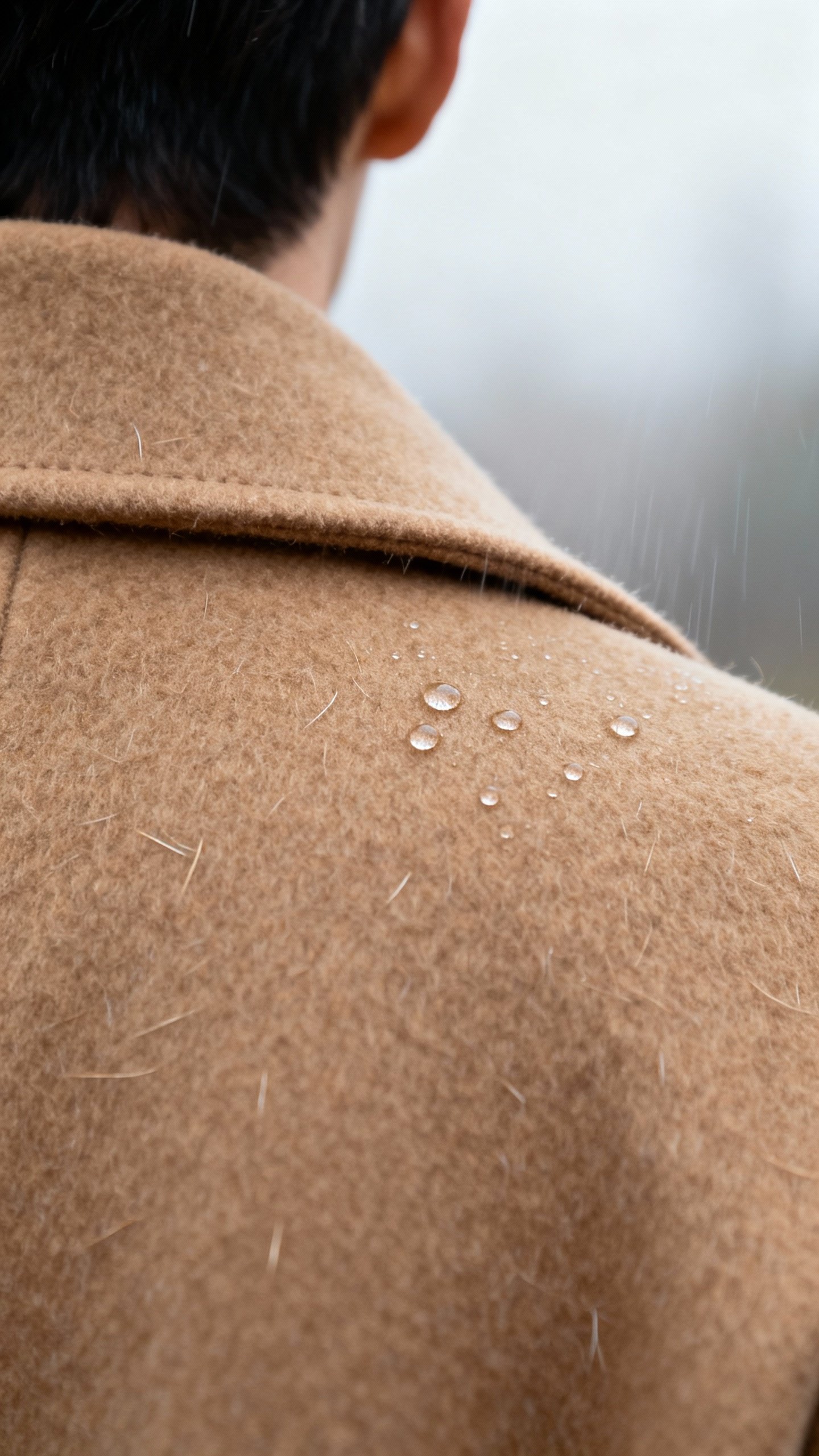 Back of coat collar sprayed, subtle droplets on camel wool