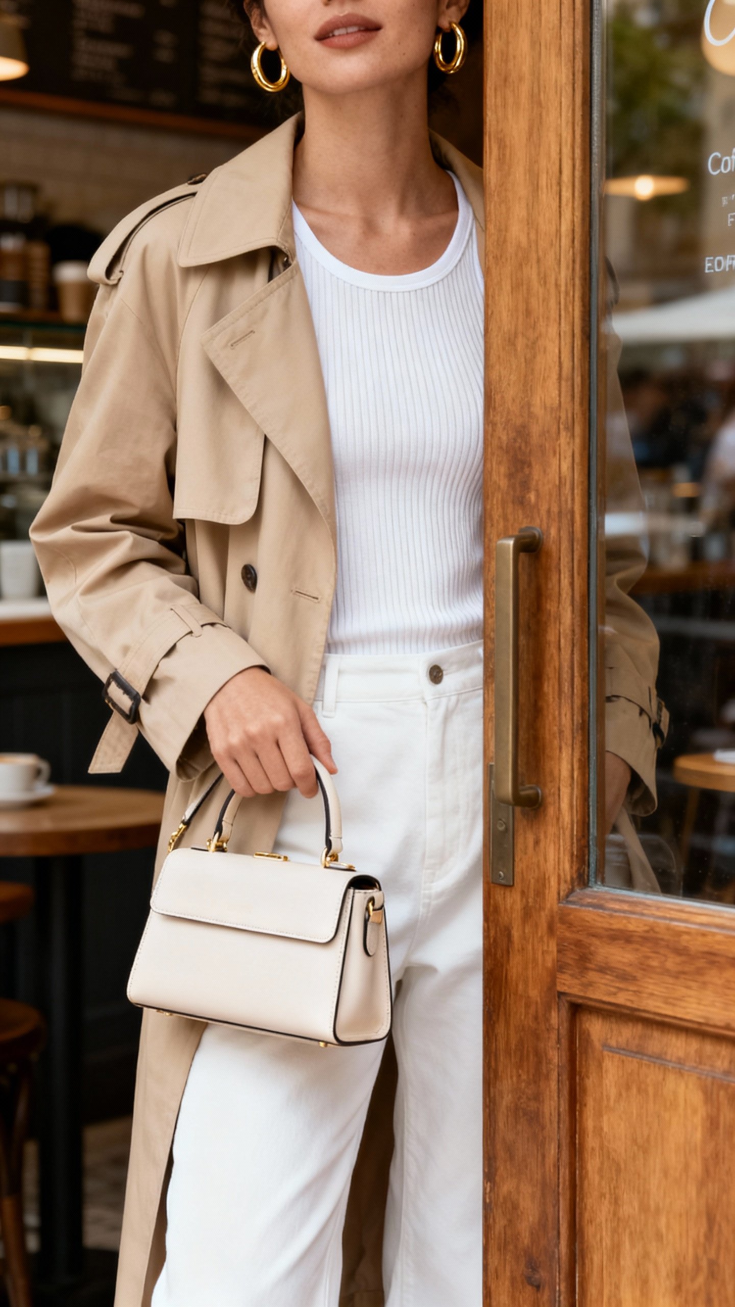 Beige trench over ribbed white tank, mini structured bag and gold hoops, soft daylight café doorway