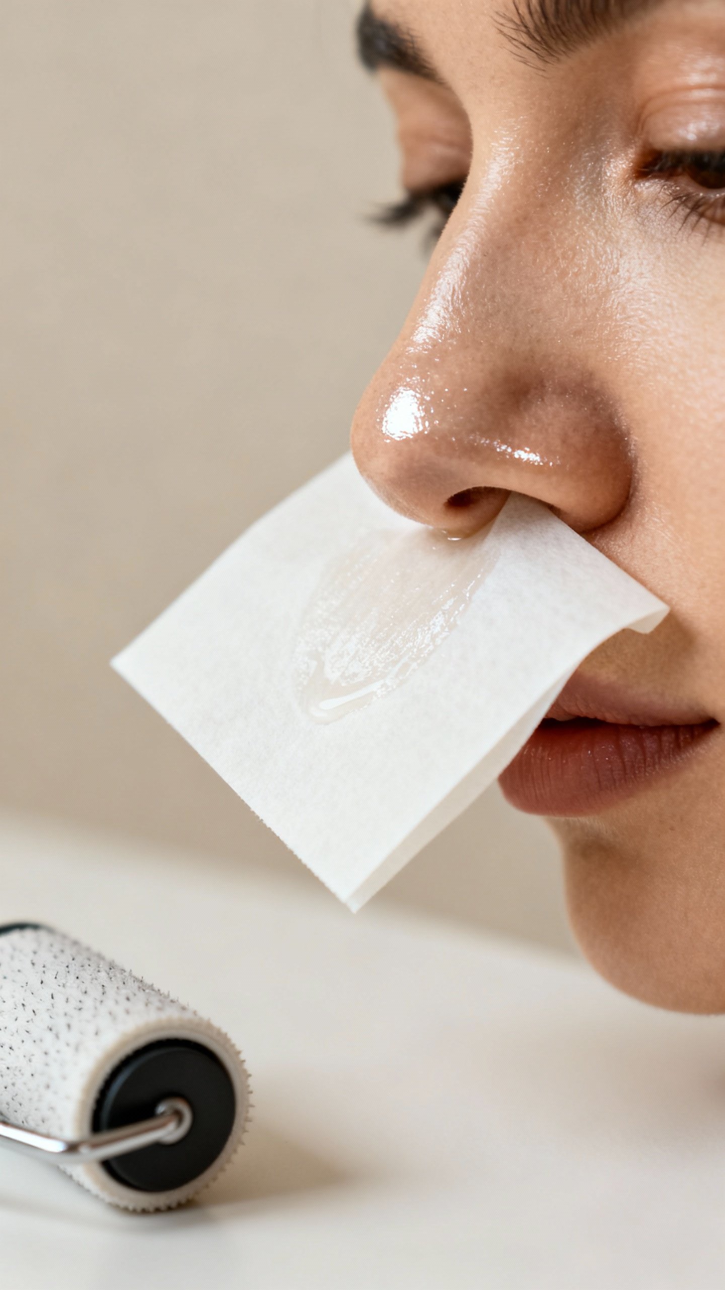 Blotting paper absorbing oil from shiny nose, reusable roller nearby