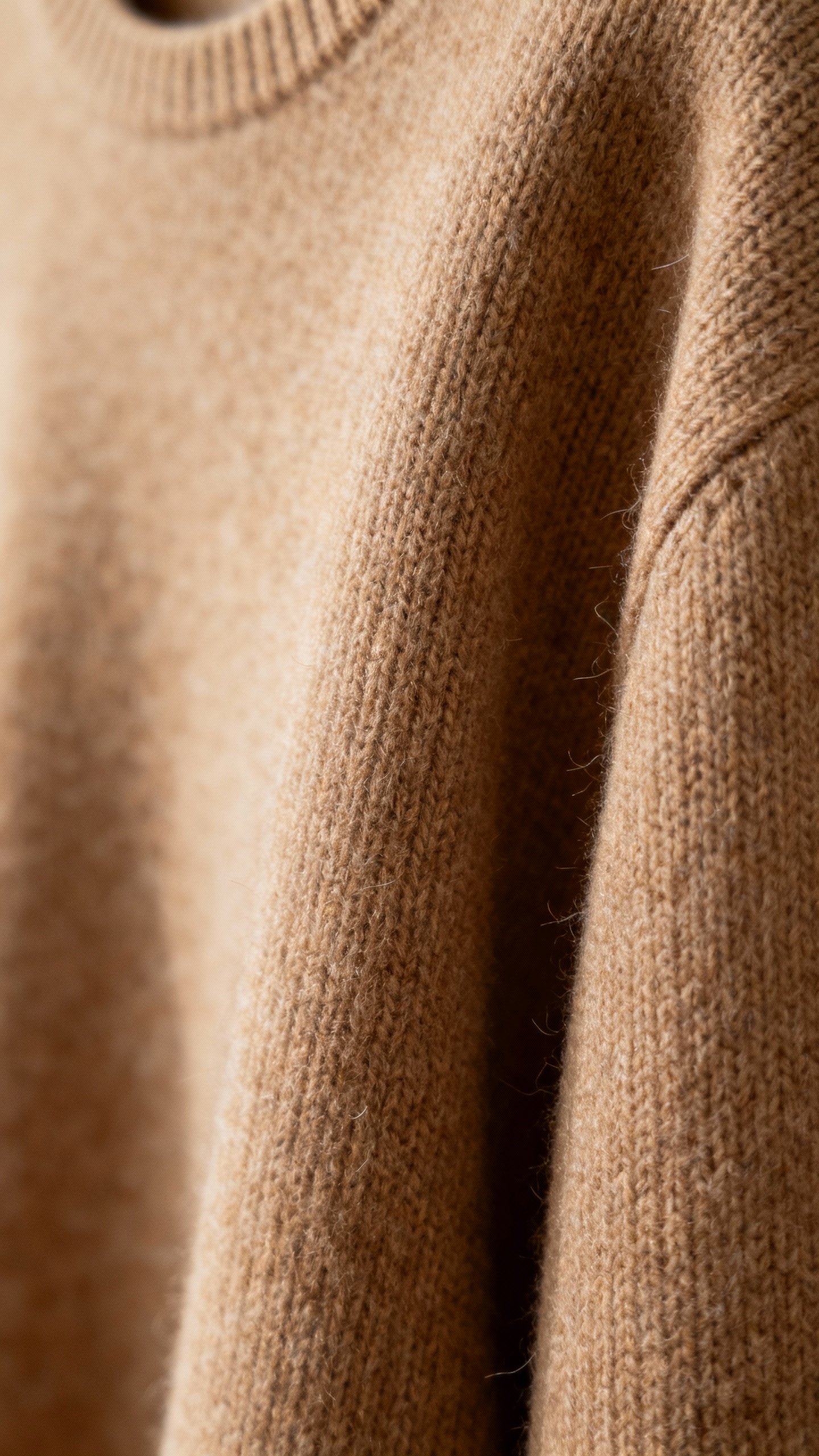 Closeup camel cashmere crewneck texture under soft light