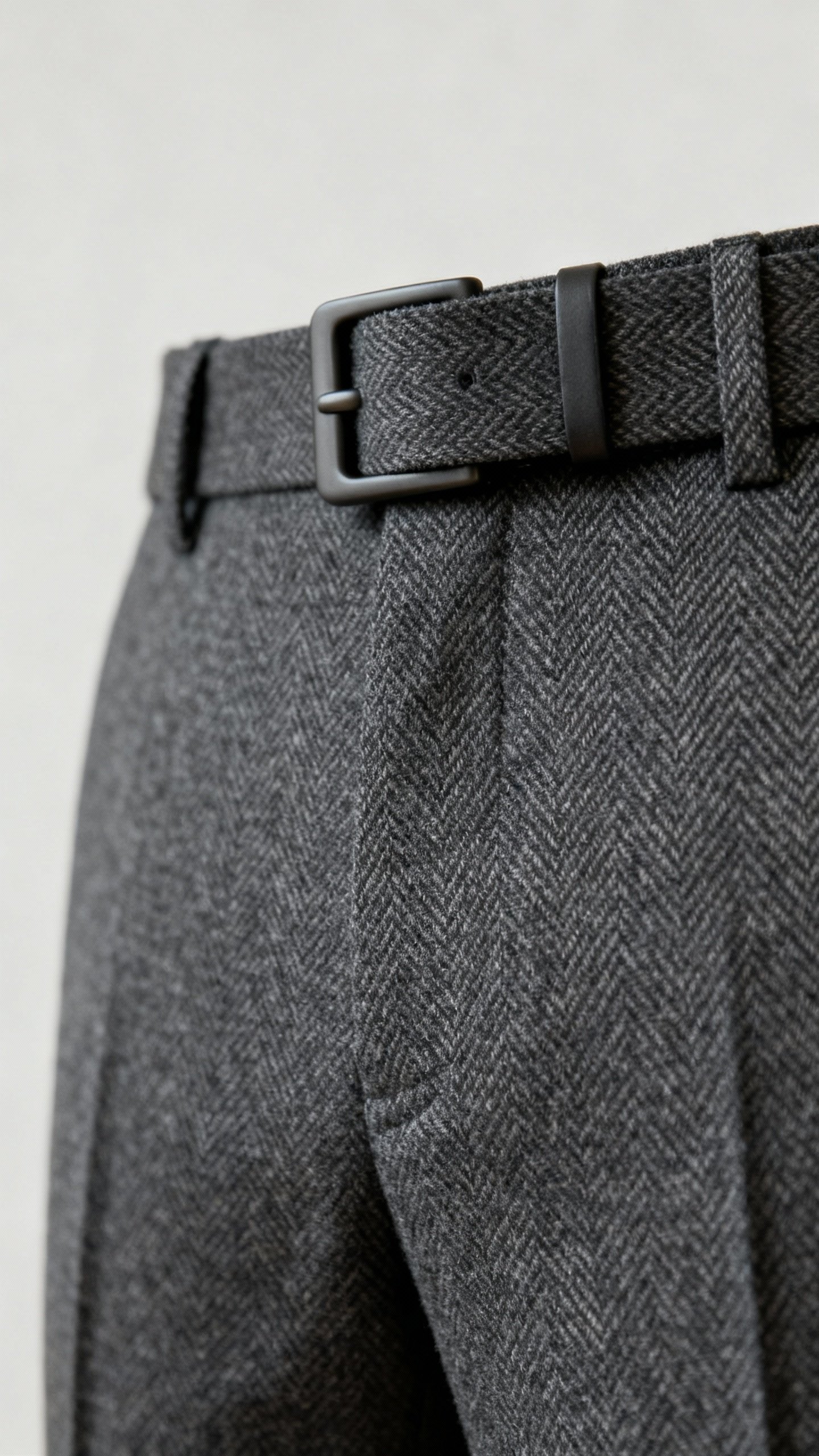 Closeup charcoal worsted wool trouser herringbone, matte belt buckle