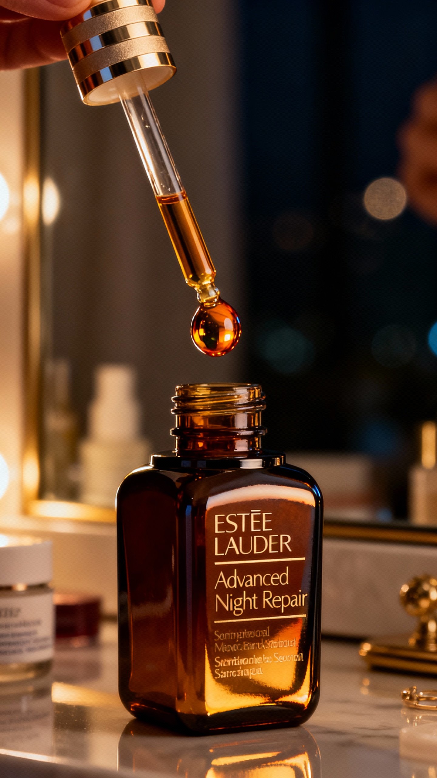 Closeup dropper of Estée Lauder Advanced Night Repair, amber serum bead forming, reflective brown b