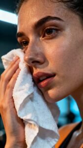 Closeup female dabbing sweat with clean white towel, gym lighting