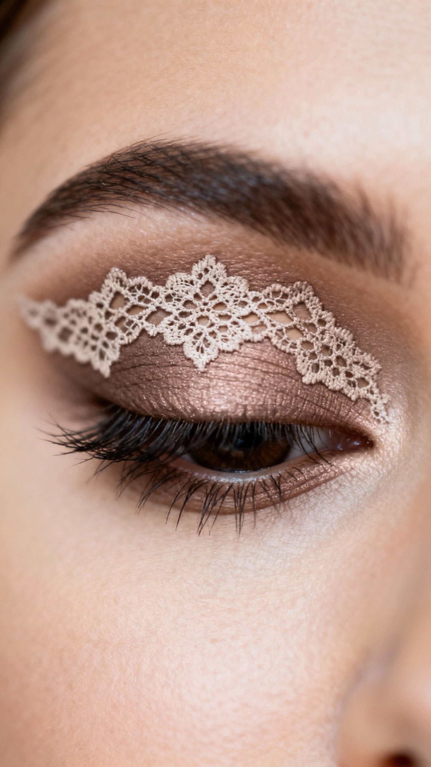 Closeup female eyelid with lace stencil taupe shadow, fluffy lashes