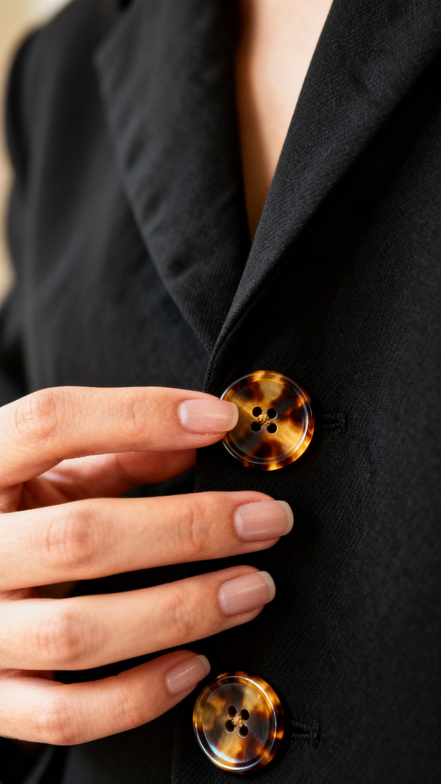 Closeup female hand swapping tortoiseshell buttons on black blazer