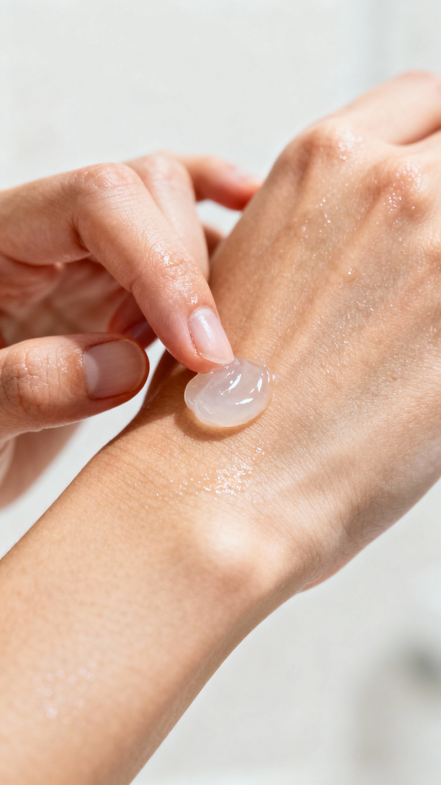 Closeup female hands dabbing petroleum jelly on wrist pulse point
