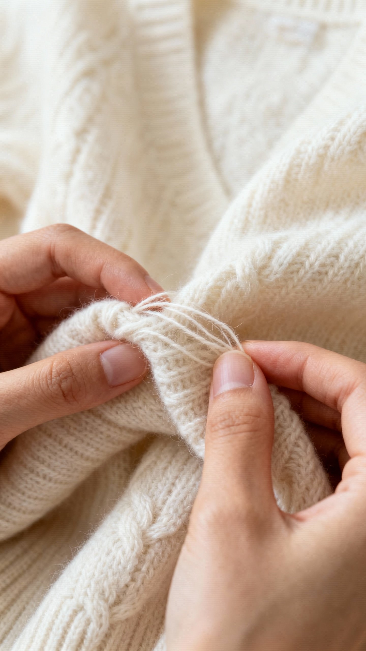 Closeup female hands inspecting cashmere sweater fibers, ivory knit texture