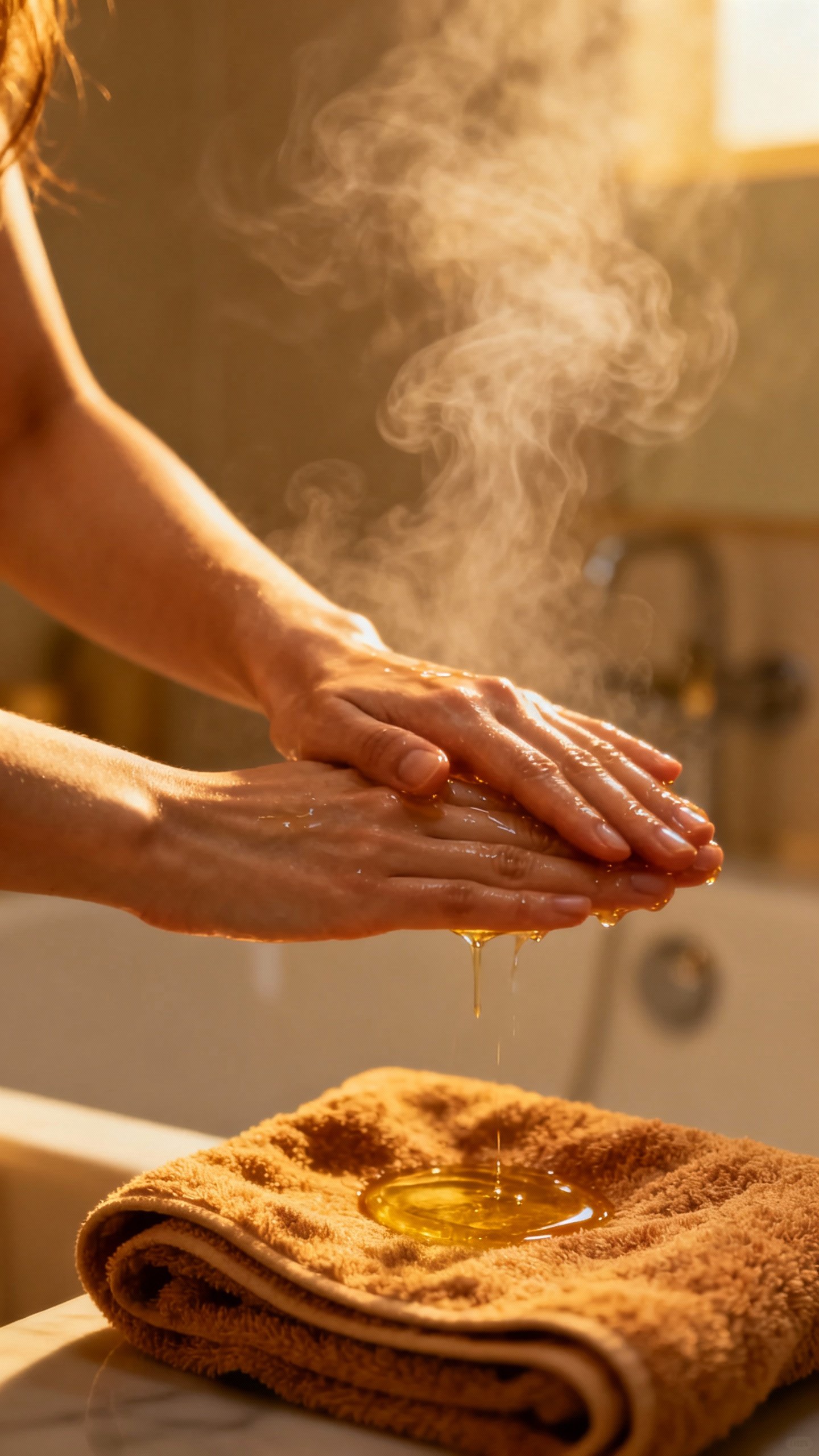 Closeup female hands massaging oil cleanser, steamy bathroom, warm towel