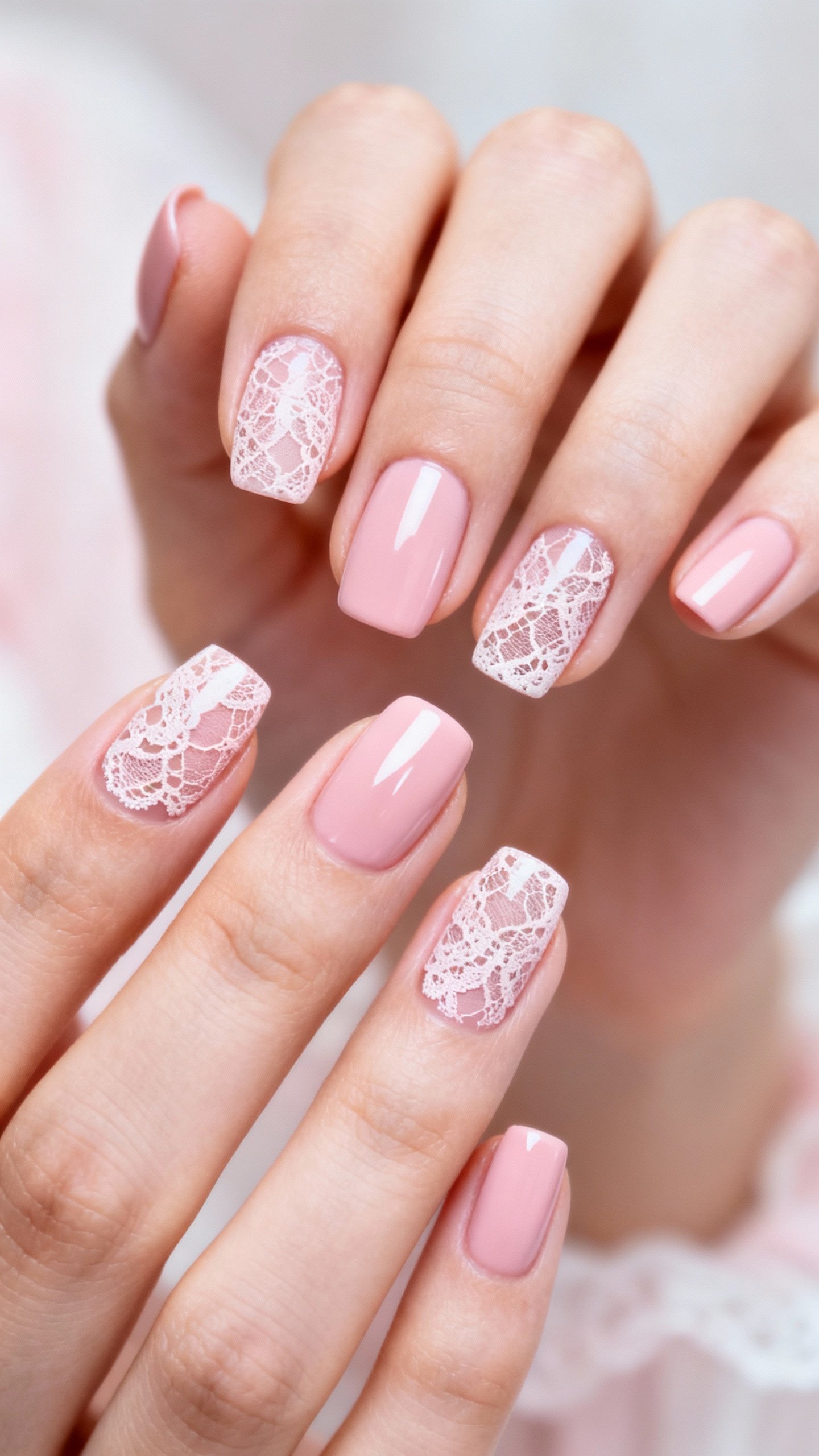 Closeup female hands, short almond nails, milky pink base, whisper-white lace veil pattern, matte ba