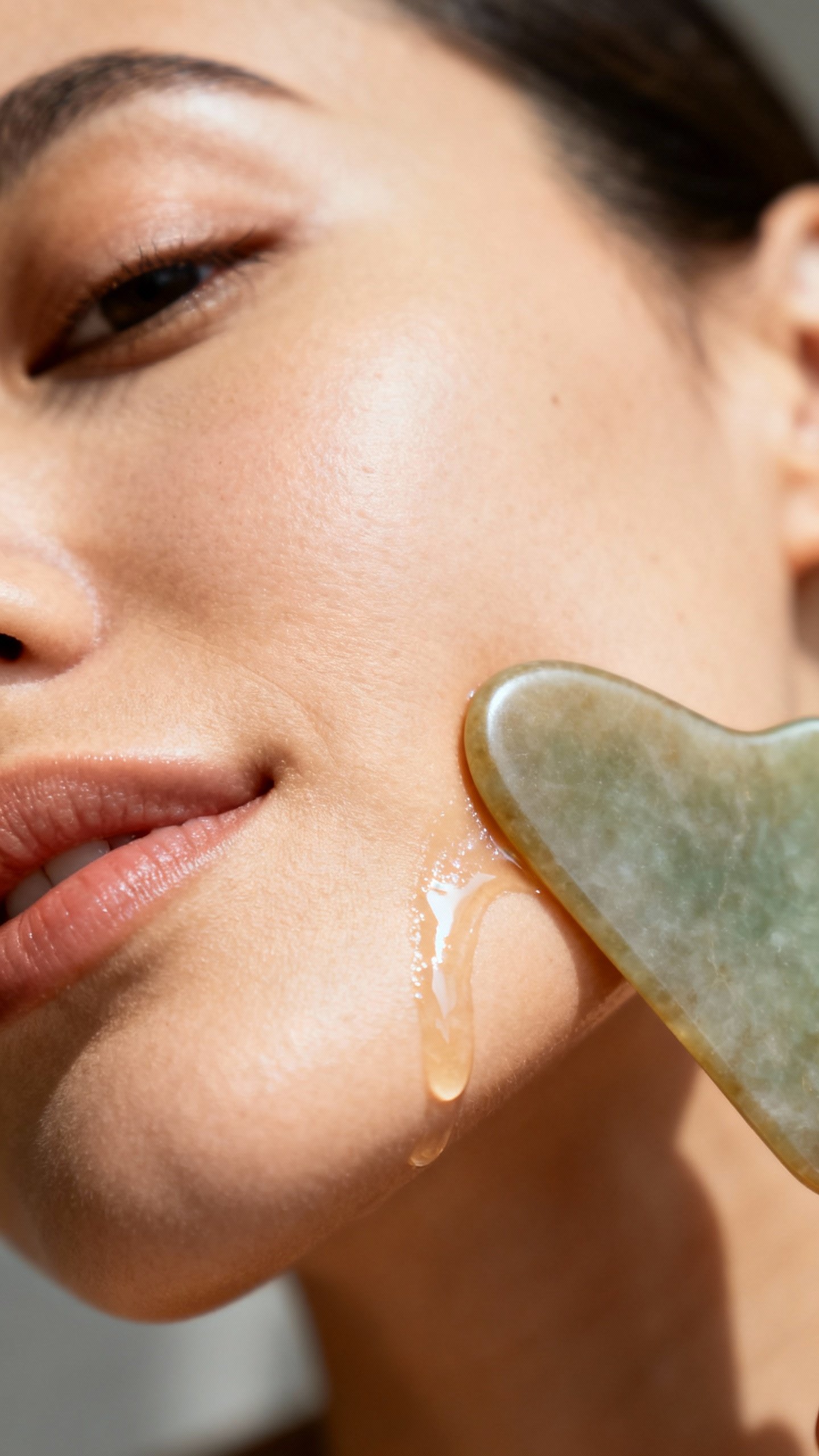 Closeup gua sha gliding along jawline, squalane sheen, relaxed expression