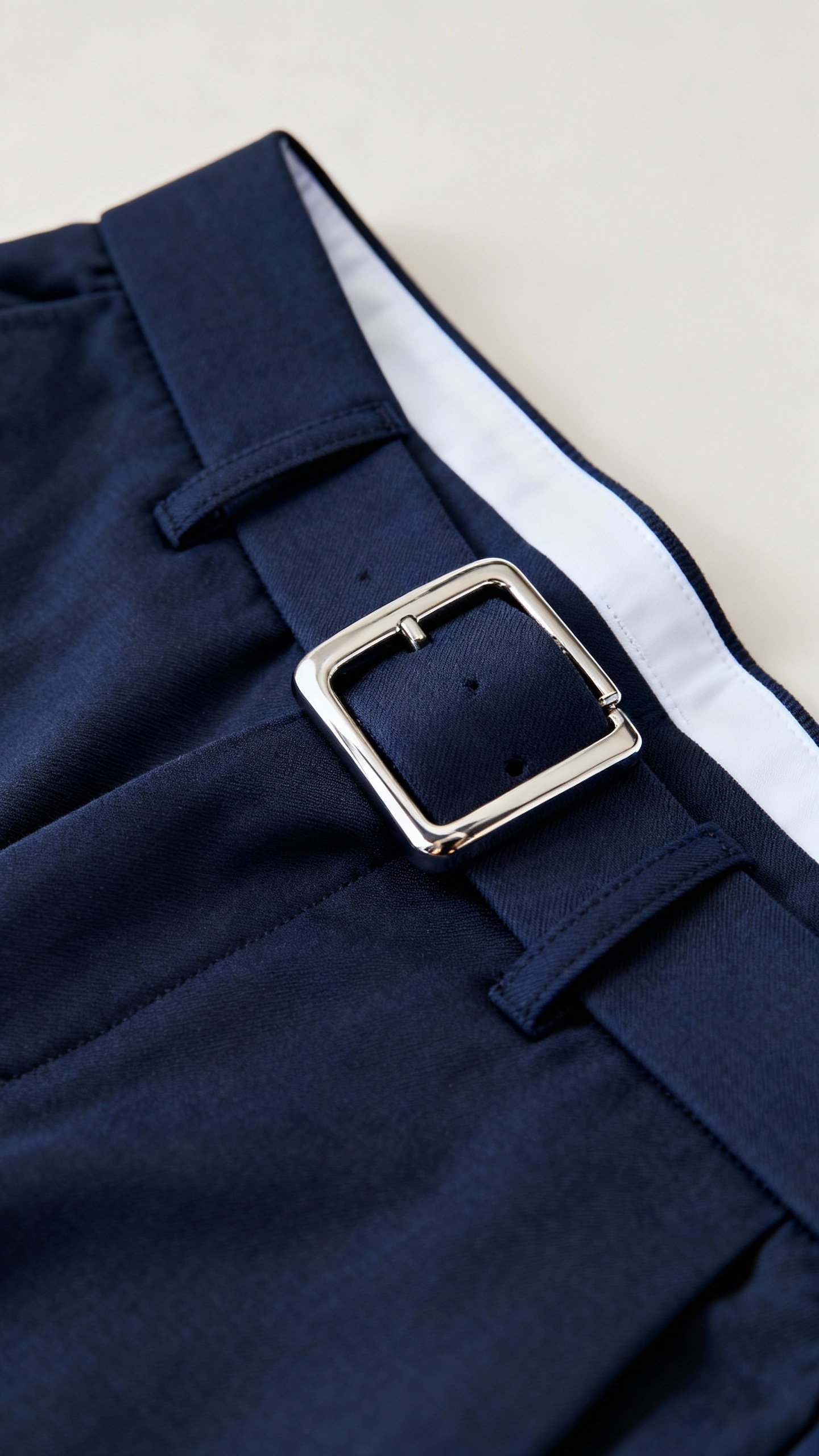 Closeup navy trousers waistband with matched metal belt buckle, crisp white shirt edge