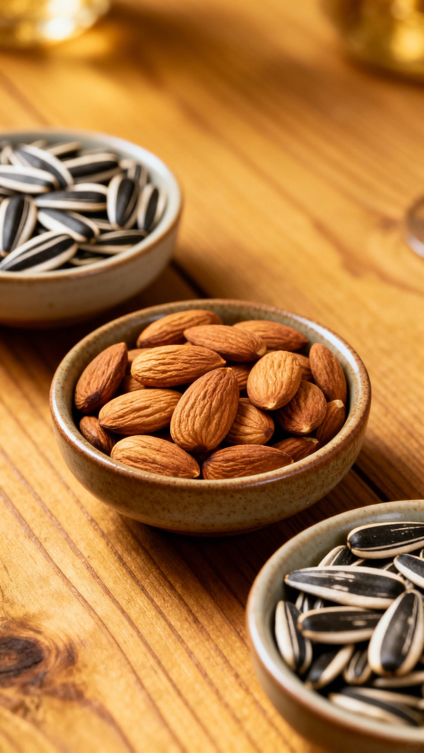 Closeup of almonds and sunflower seeds in small ceramic bowls on wooden table