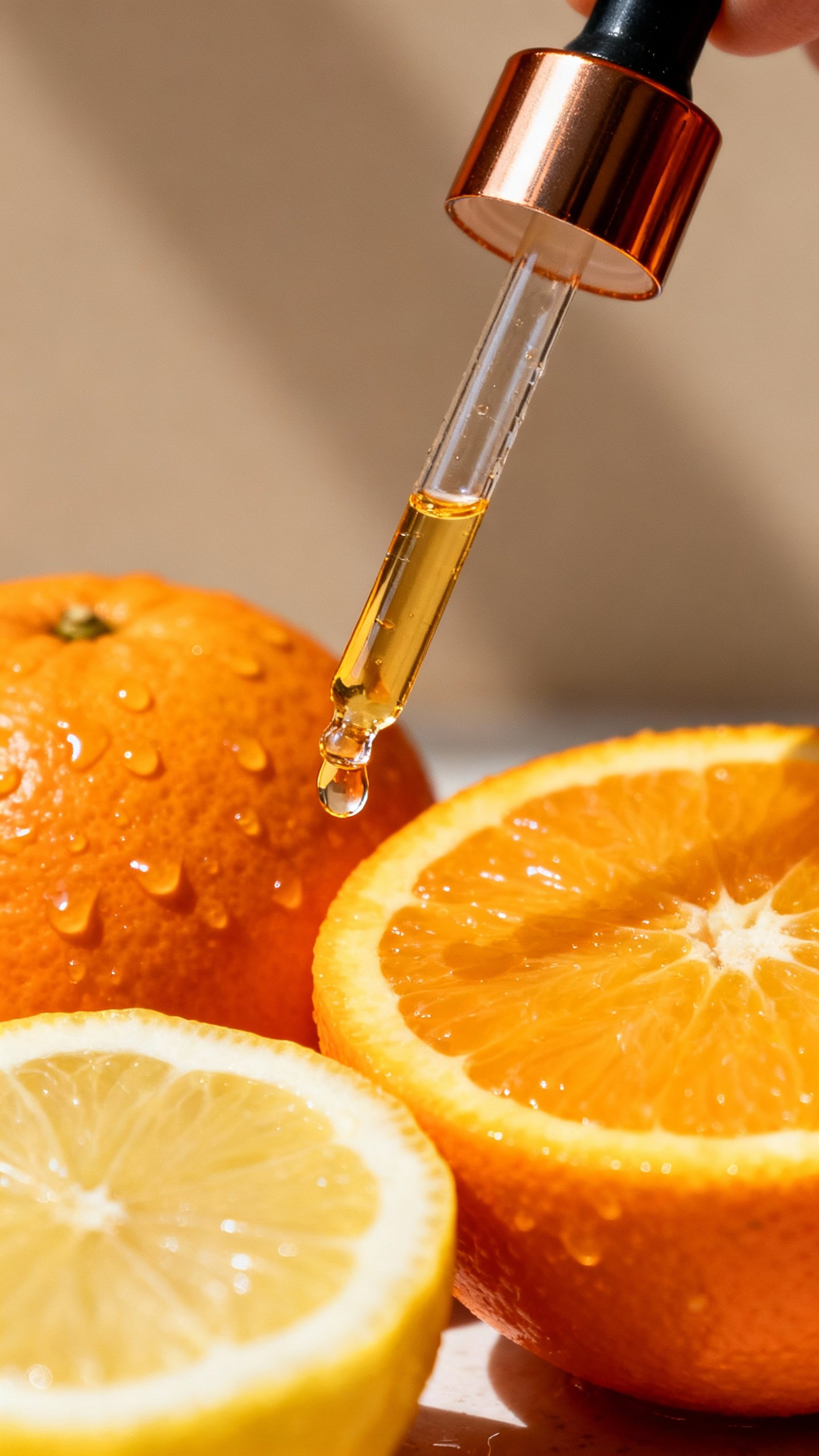 Closeup of amber vitamin C serum dropper over citrus slices