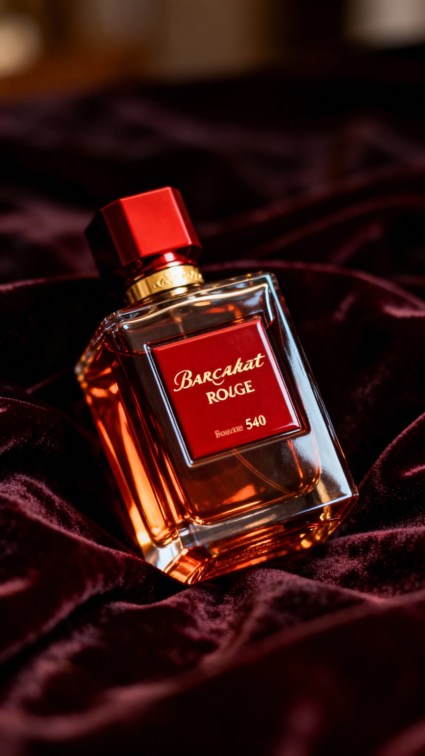 Closeup of Baccarat Rouge 540 bottle on velvet, warm amber glow