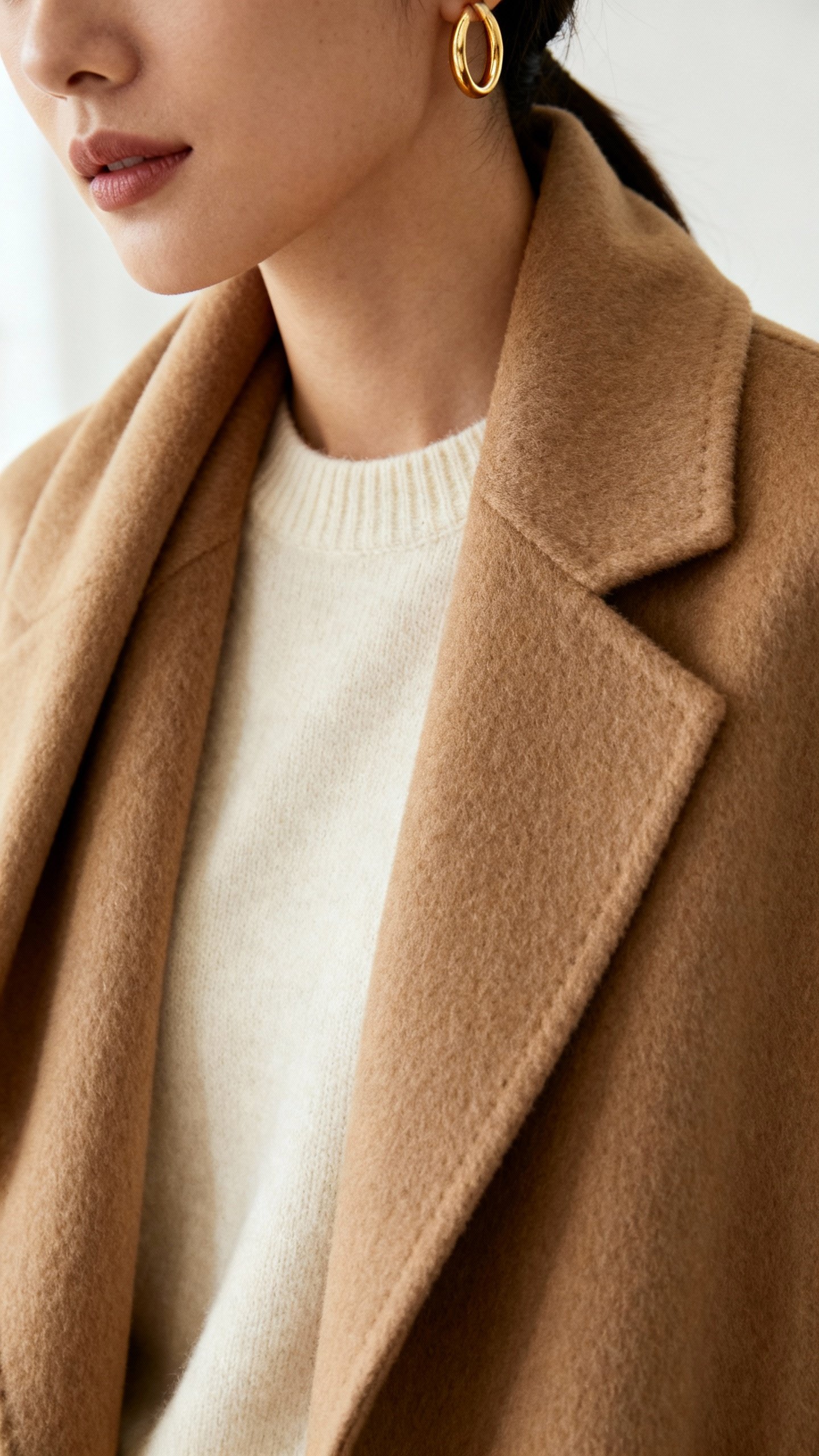 Closeup of camel coat over cream sweater, gold hoop earring