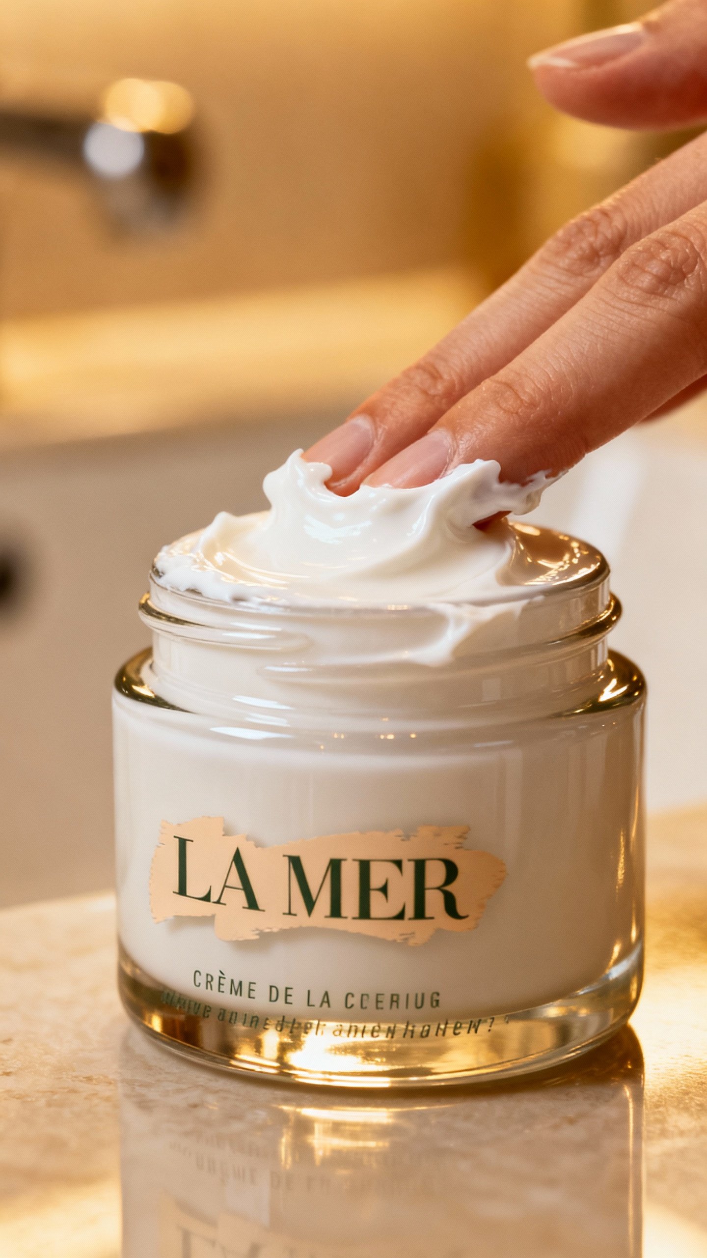 Closeup of Crème de la Mer jar, heavy glass, creamy white texture on fingertips, soft bathroom ligh