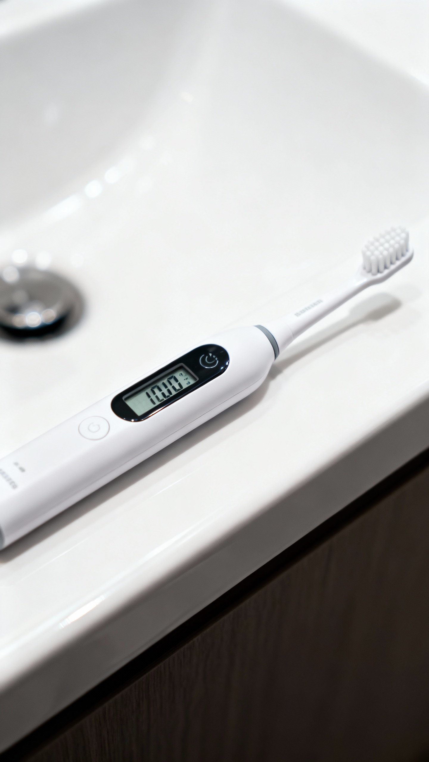 Closeup of electric toothbrush timer and tongue scraper on white sink