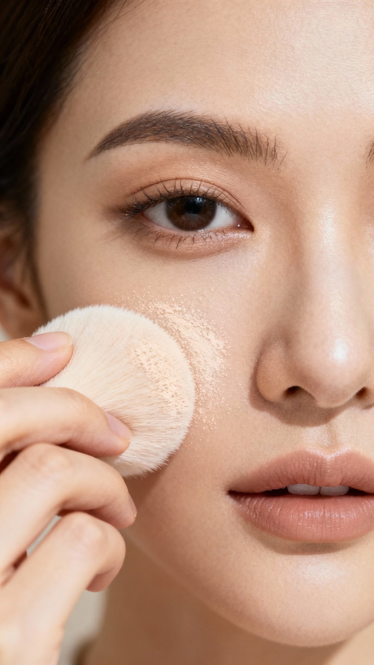 Closeup of female pressing translucent powder with puff on T-zone