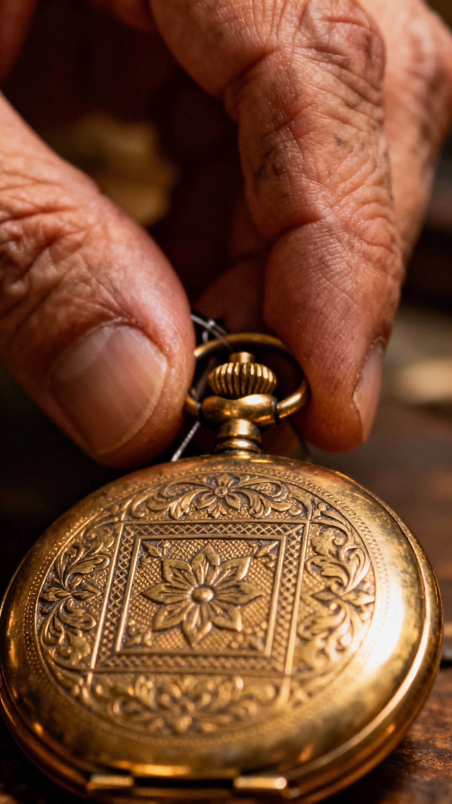Closeup of hand winding vintage mechanical watch with engraved caseback