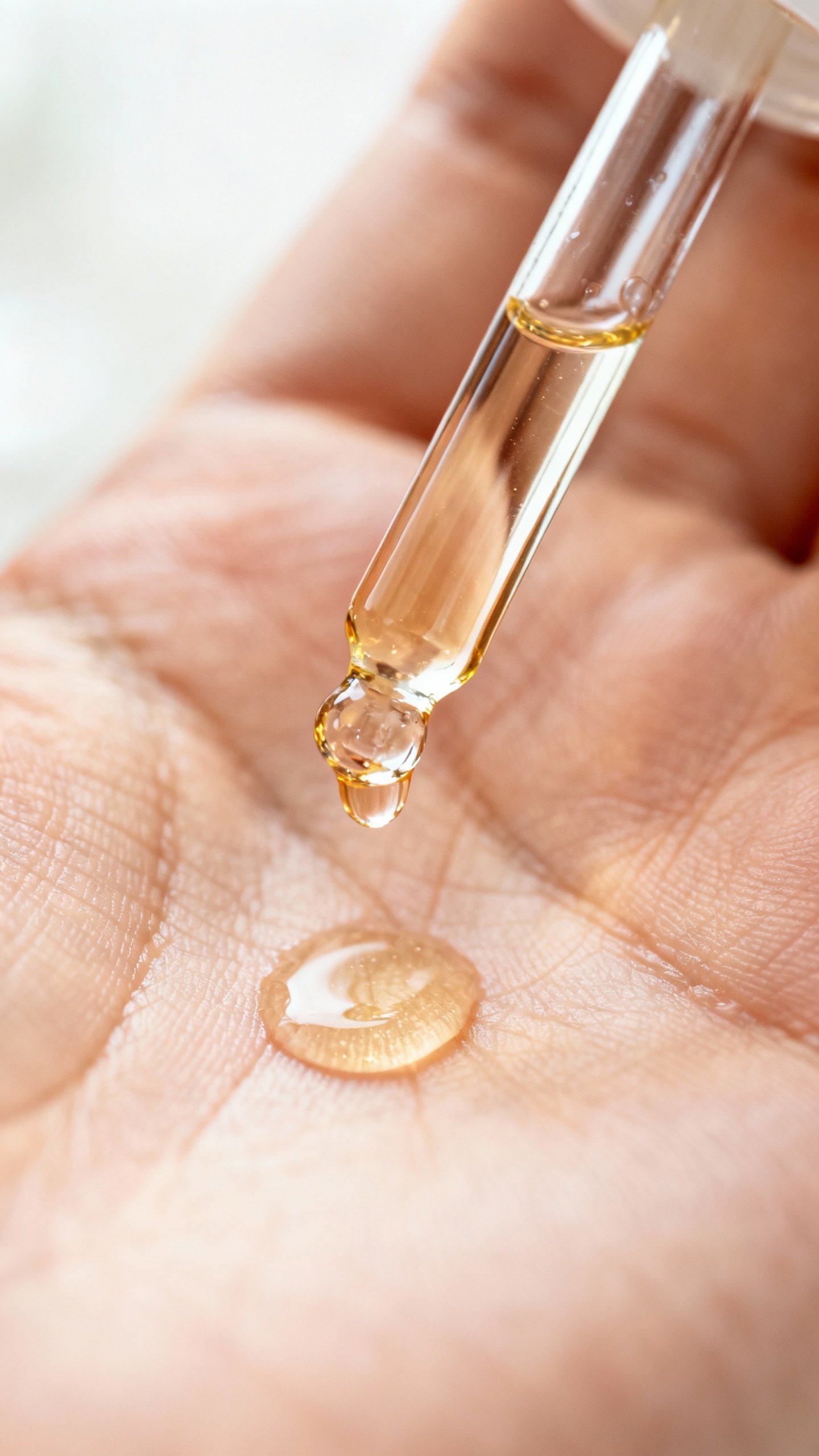 Closeup of niacinamide toner dripping from glass dropper onto palm
