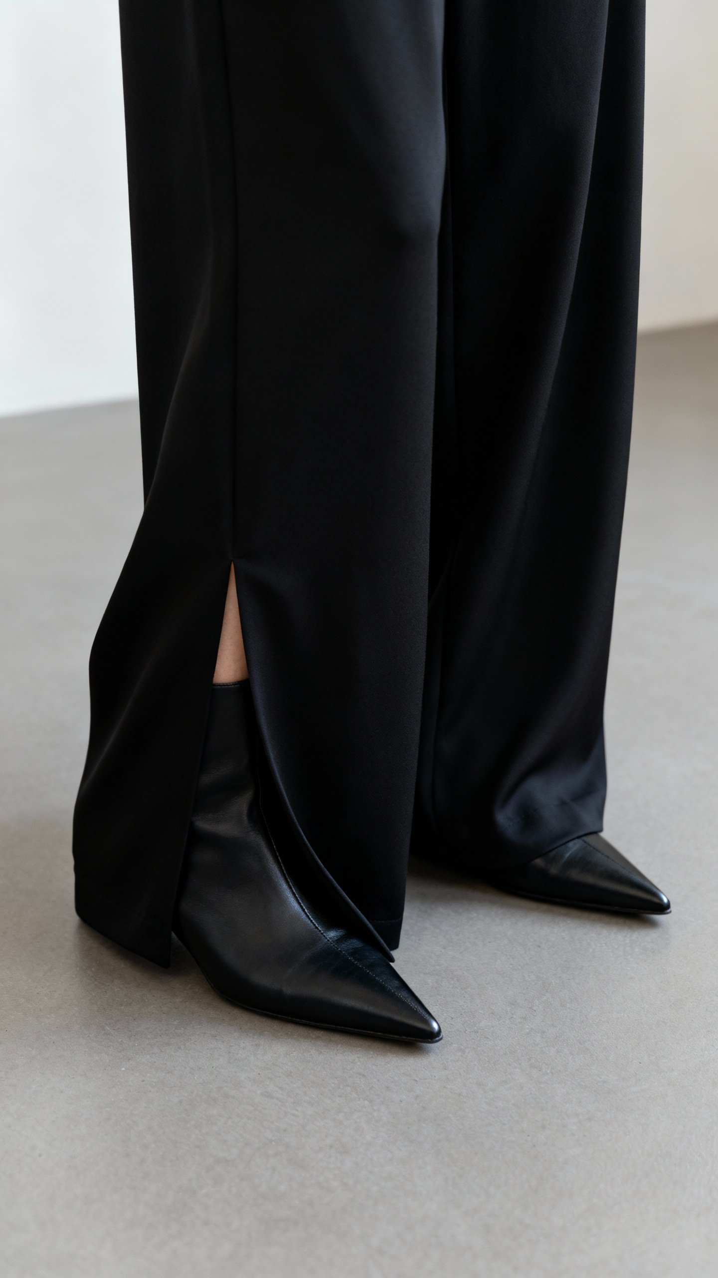 Closeup of petite woman’s high-waist trousers hemmed no-break, black drapey fabric grazing pointed