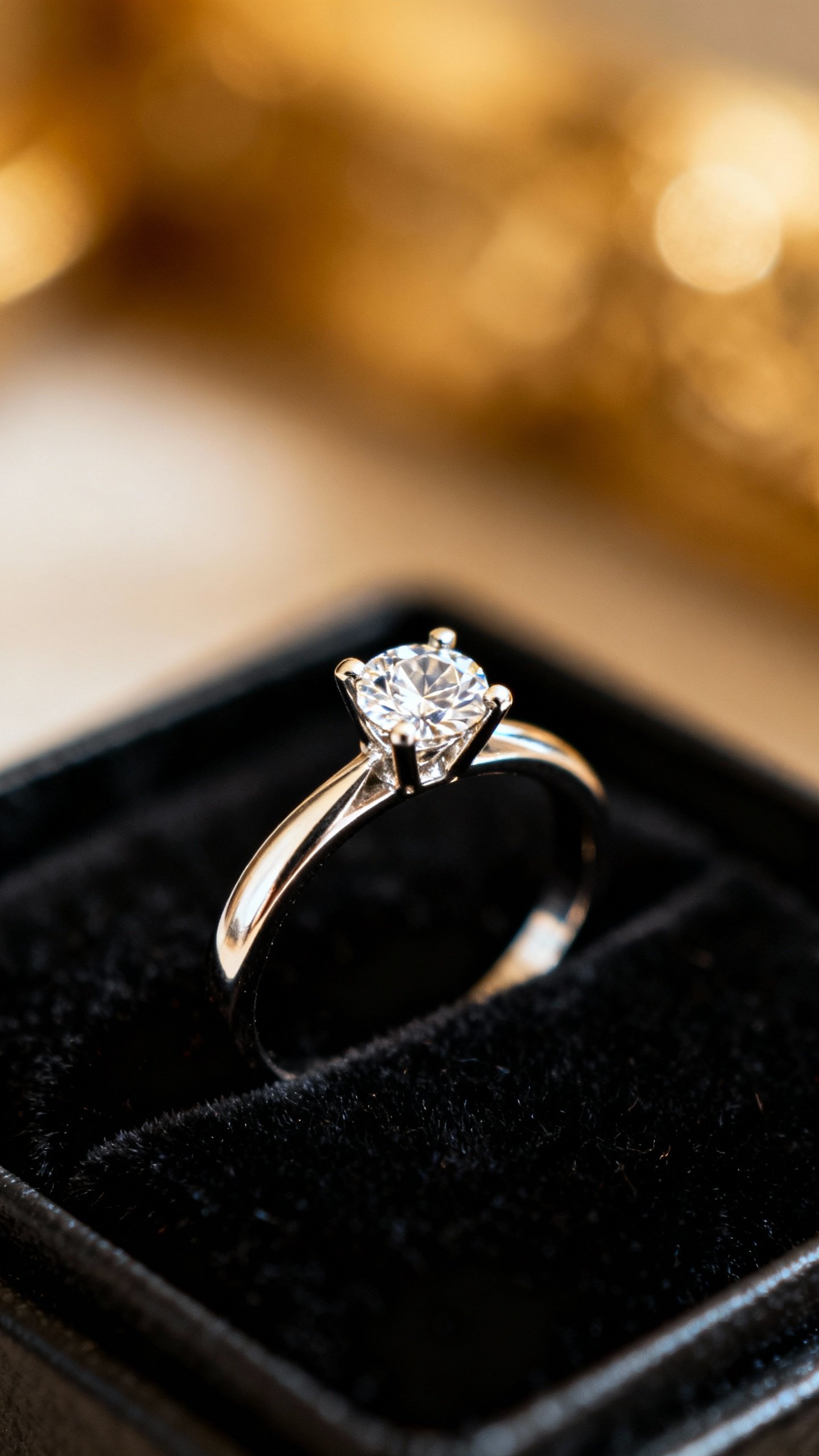 Closeup of platinum four-prong diamond solitaire ring on velvet tray